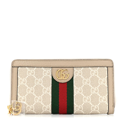 Gucci GG Supreme Monogram Textured Dollar Calfskin Web Ophidia Zip Around Wallet Beige Mystic White Oatmeal 1 of 14