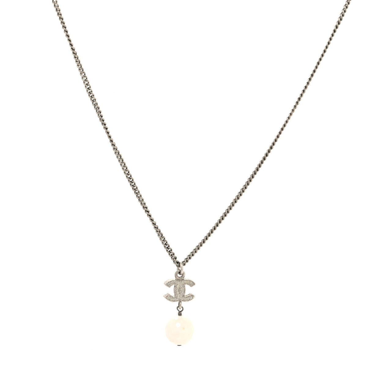 Glitter Enamel CC Drop Necklace Silver White