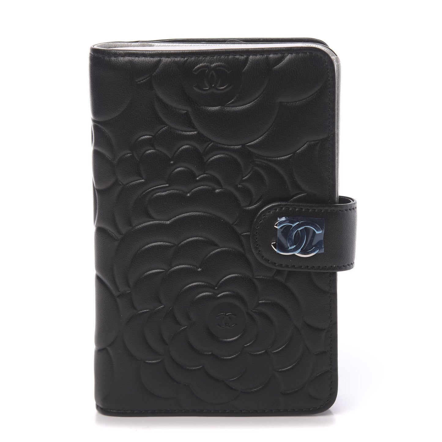 Lambskin Camellia Embossed Zipped Pocket Wallet Black
