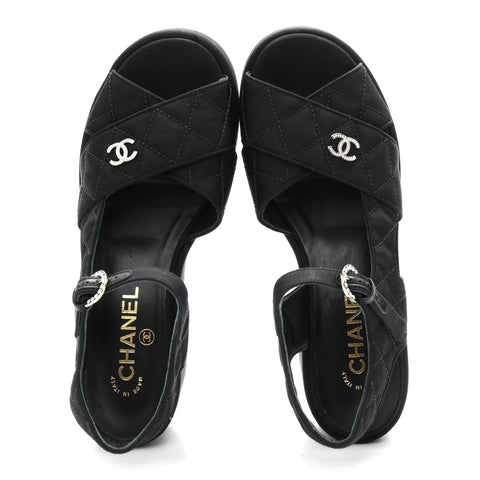 Grosgrain Quilted Crystal CC Platform Sandals 38.5 Black