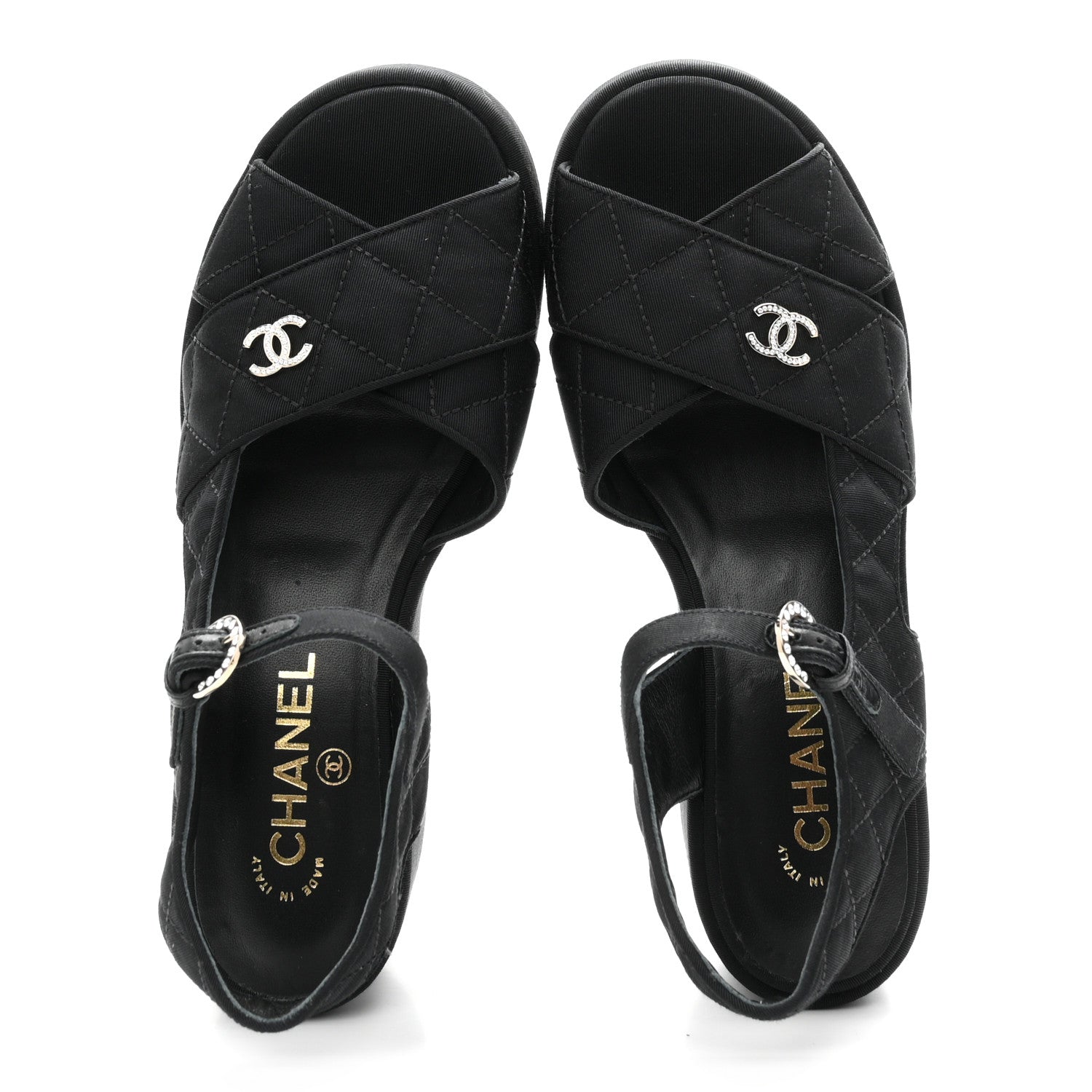 Chanel Grosgrain Quilted Crystal CC Platform Sandals 38.5 Black 2 of 9