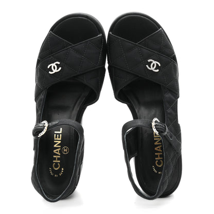 Chanel Grosgrain Quilted Crystal CC Platform Sandals 38.5 Black 2 of 9