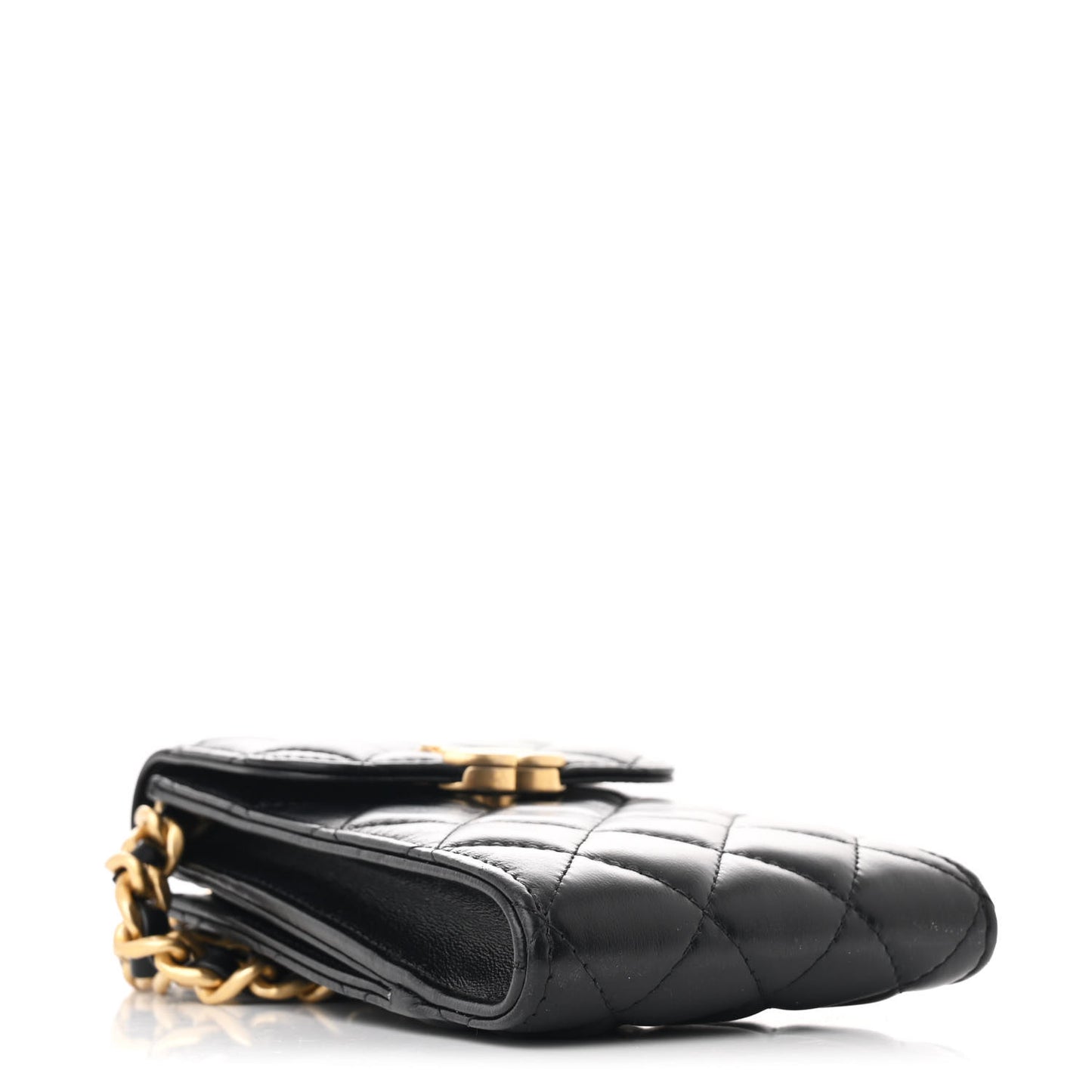 Lambskin Quilted Lacquered Chain Phone Holder With Chain Black