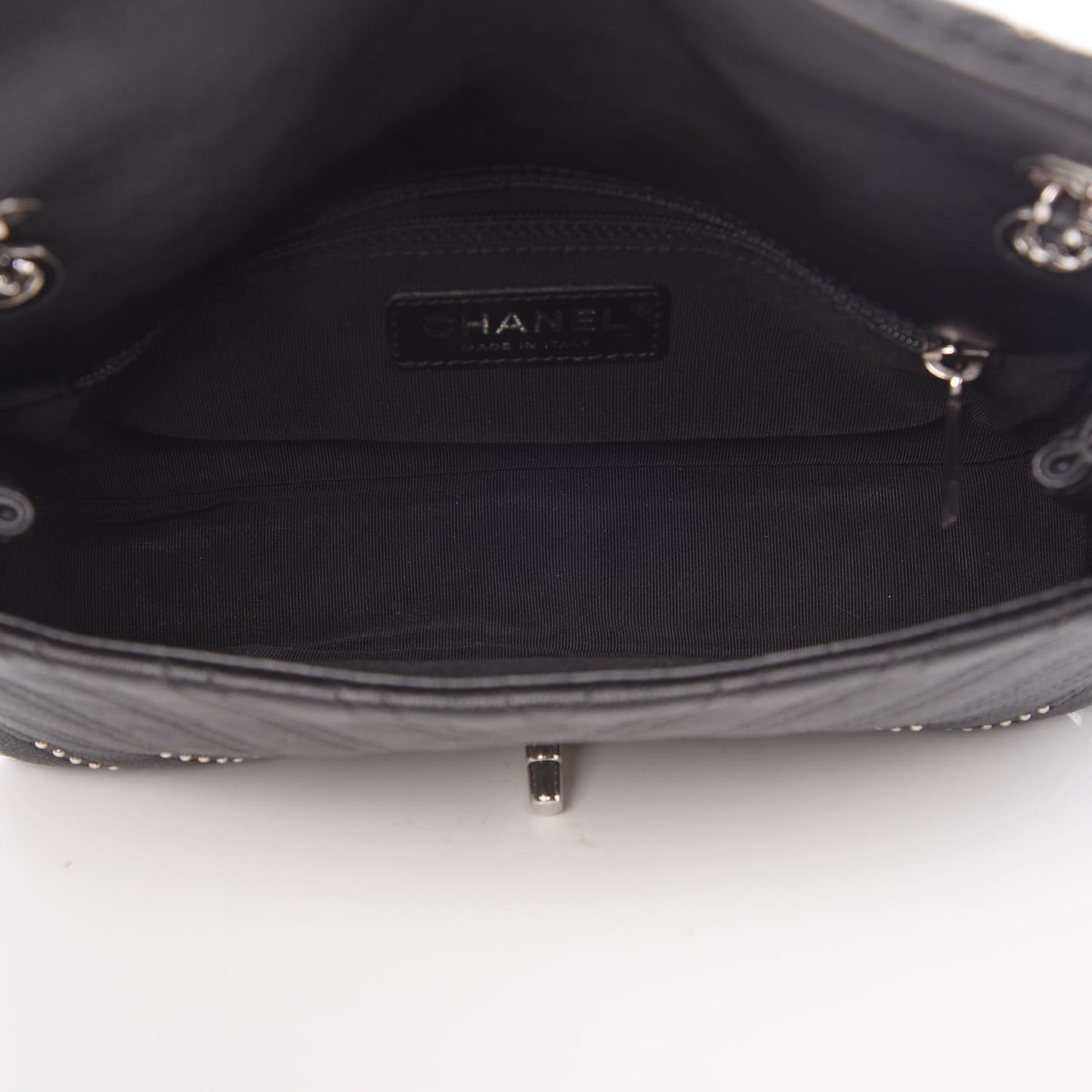 Calfskin Studded Chevron Quilted Wars Flap Black