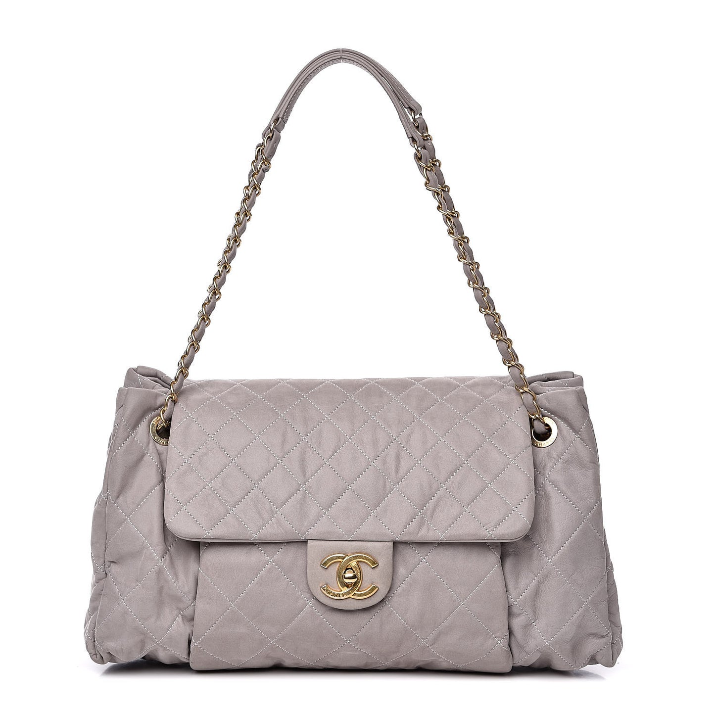 Iridescent Calfskin Large Chic Quilt Flap Gris