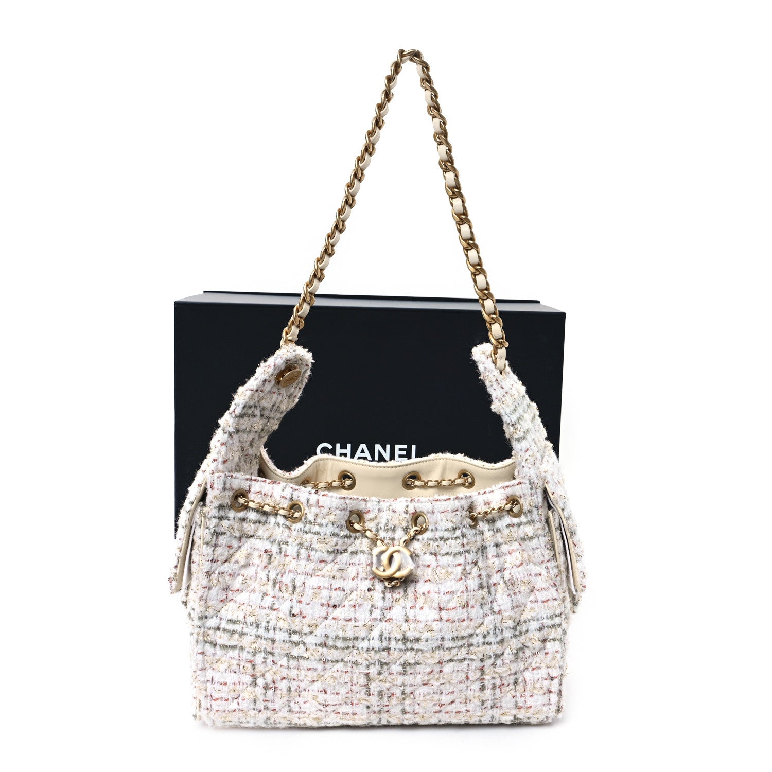 Chanel Wool Tweed Small Chanel 25 Handbag Ecru Gold Red Khaki Multicolor 11 of 12