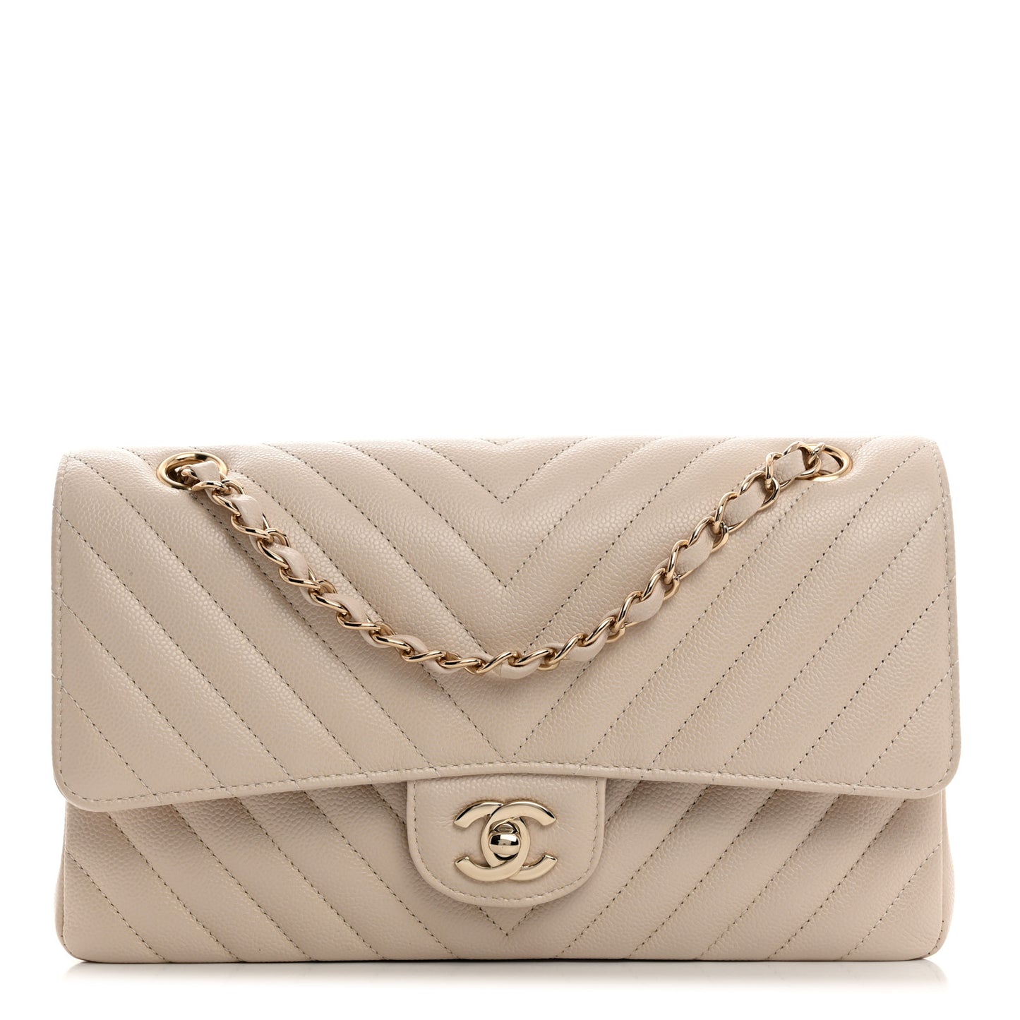 Caviar Chevron Quilted Medium Double Flap Beige
