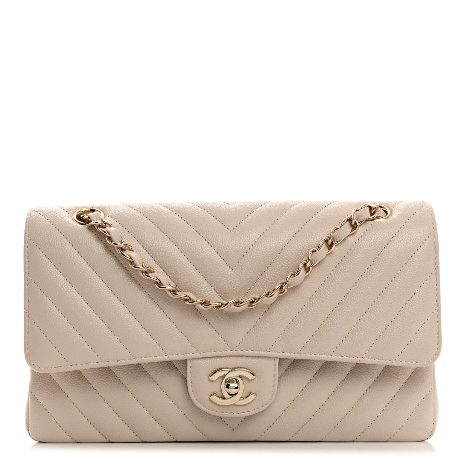 Chanel Caviar Chevron Quilted Medium Double Flap Beige 1 of 10