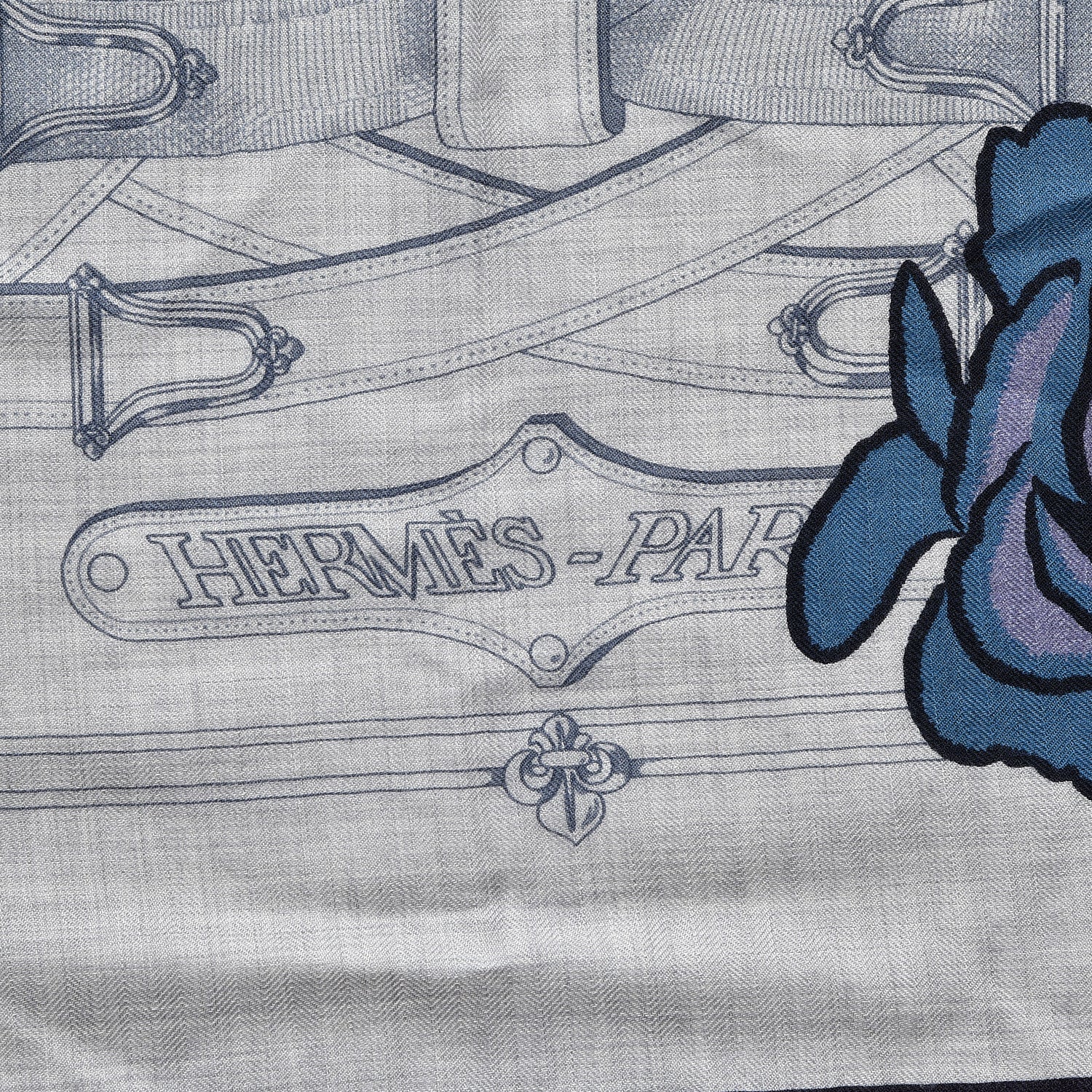 Hermes Cashmere Silk Cavalcadour Shawl 140 Gris Chine Juane Marine 3 of 6