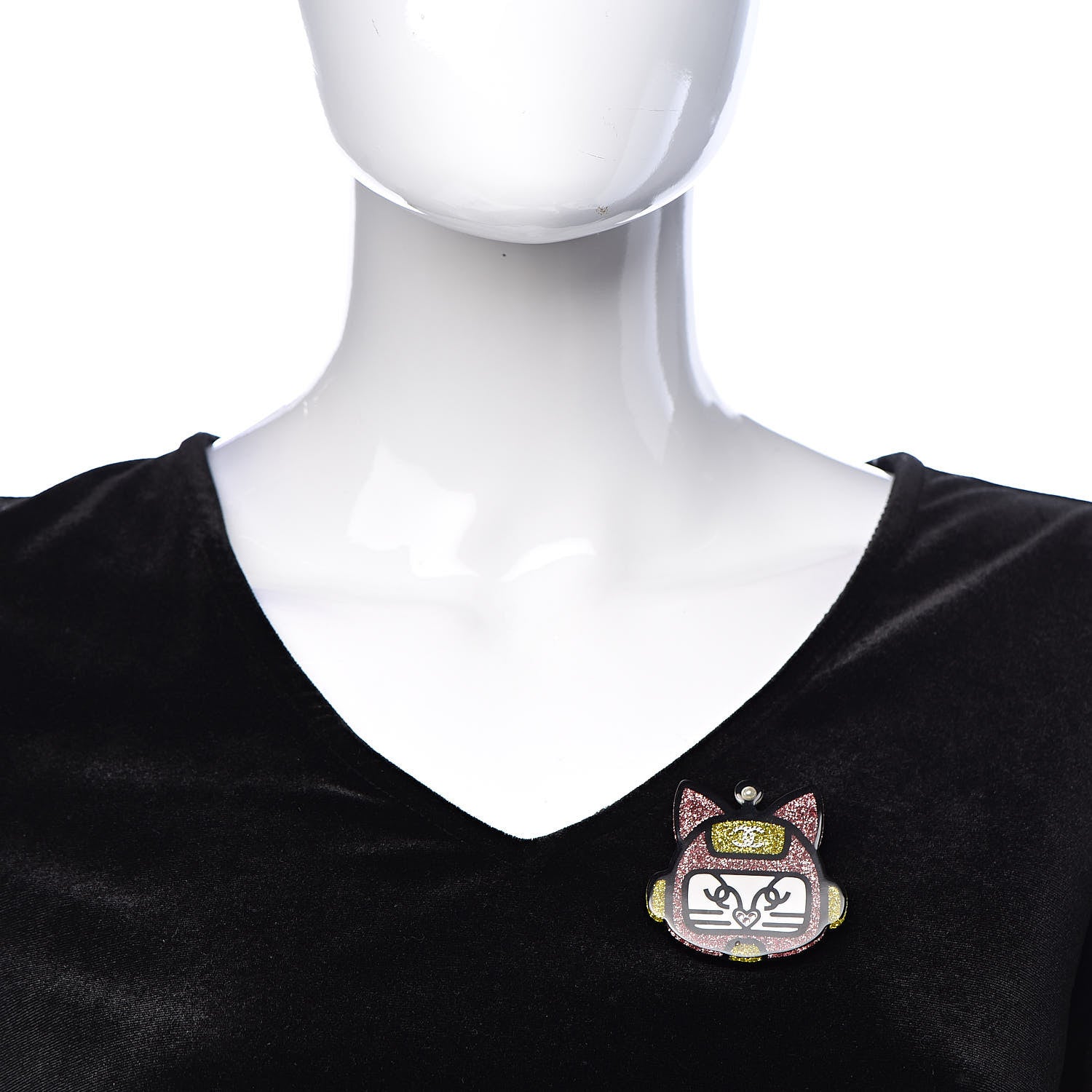 Chanel Resin Crystal Cat Emoji Brooch Black Pink Yellow 2 of 4