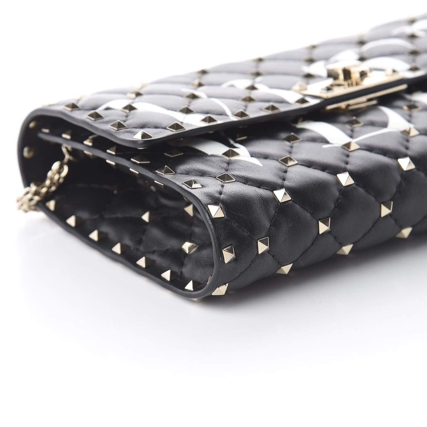 Lambskin VLTN Print Rockstud Spike Wallet On Chain Black