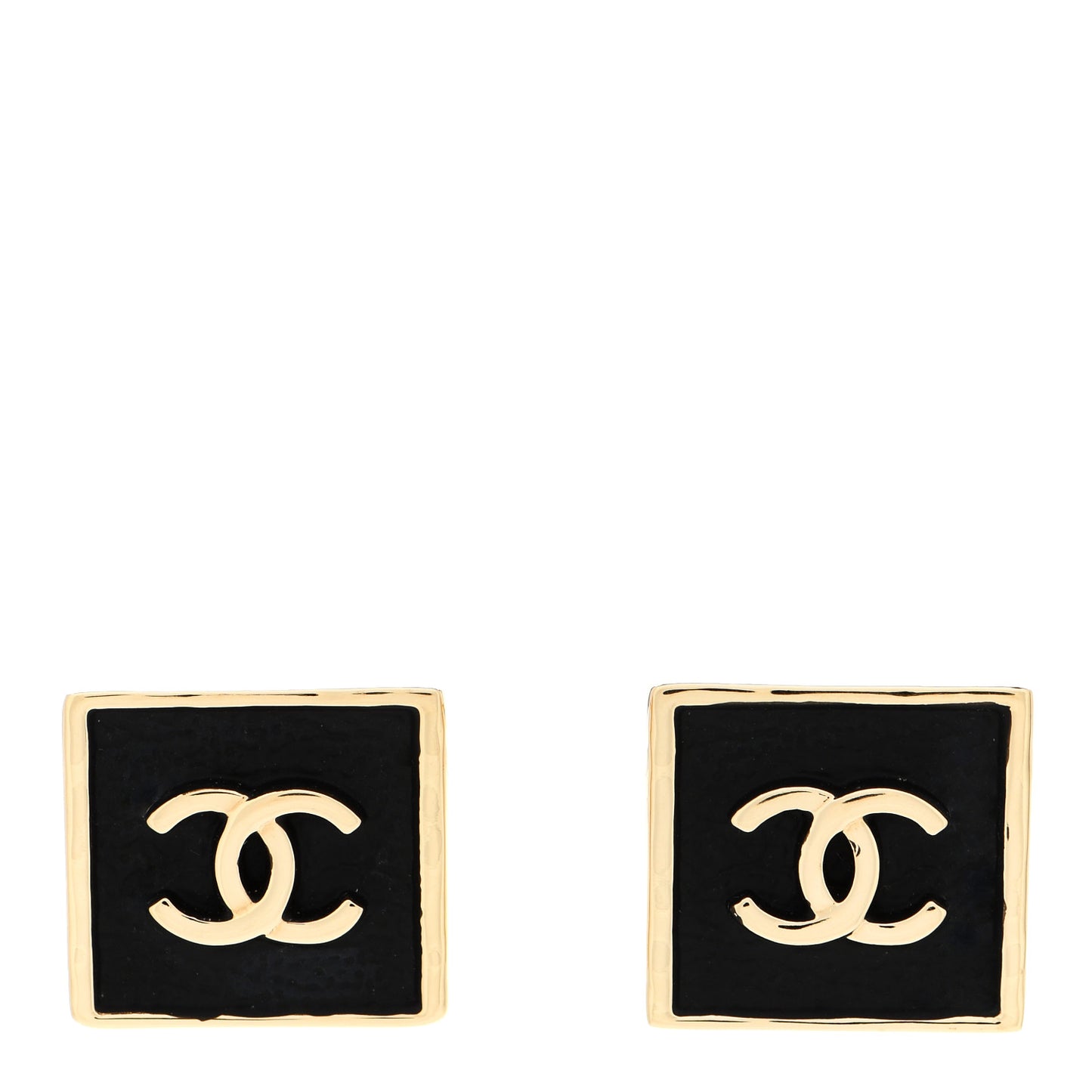 Metal Enamel CC Square Earrings Gold Black