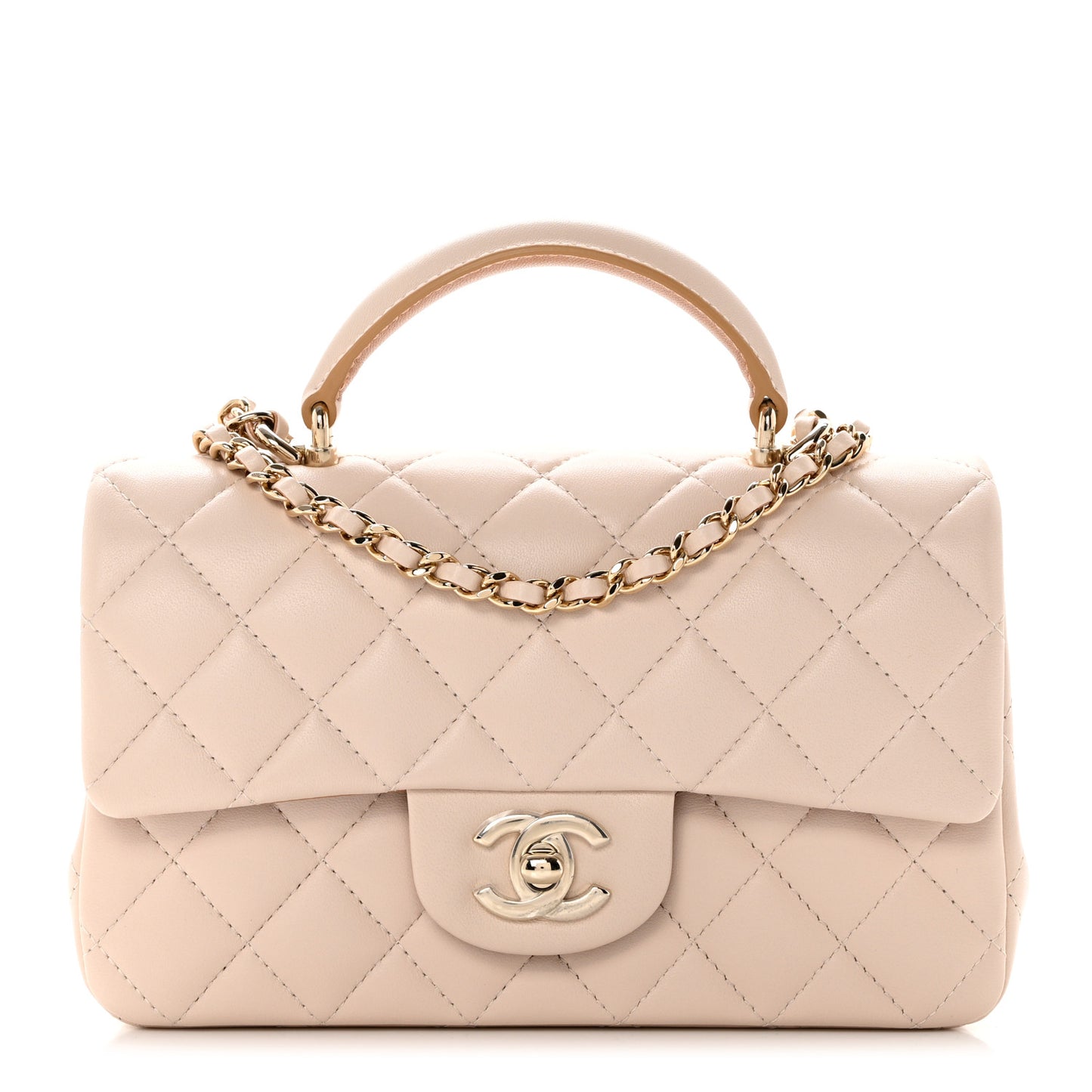 Lambskin Quilted Bi-Color Mini Top Handle Rectangular Flap Ecru Dark Beige