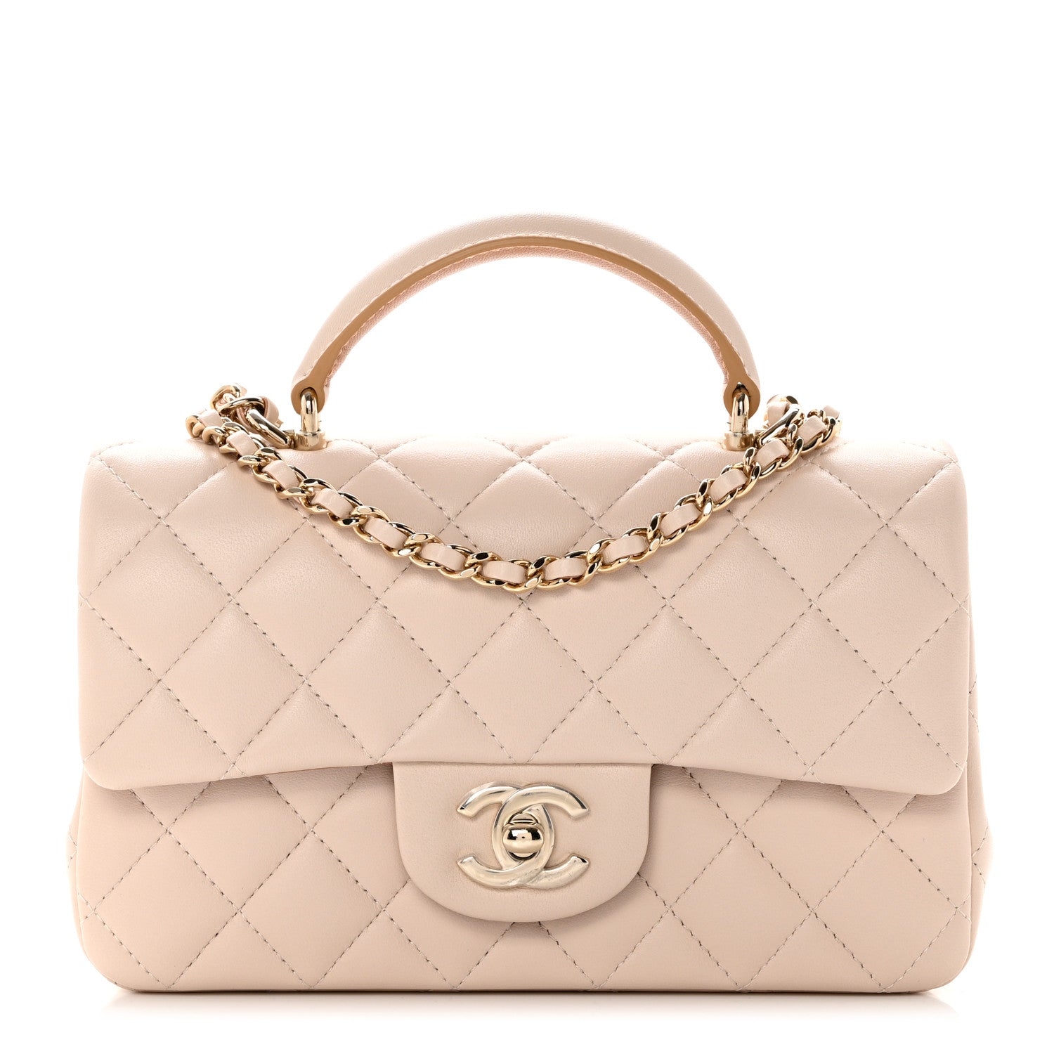 Chanel Lambskin Quilted Bi-Color Mini Top Handle Rectangular Flap Ecru Dark Beige 1 of 9
