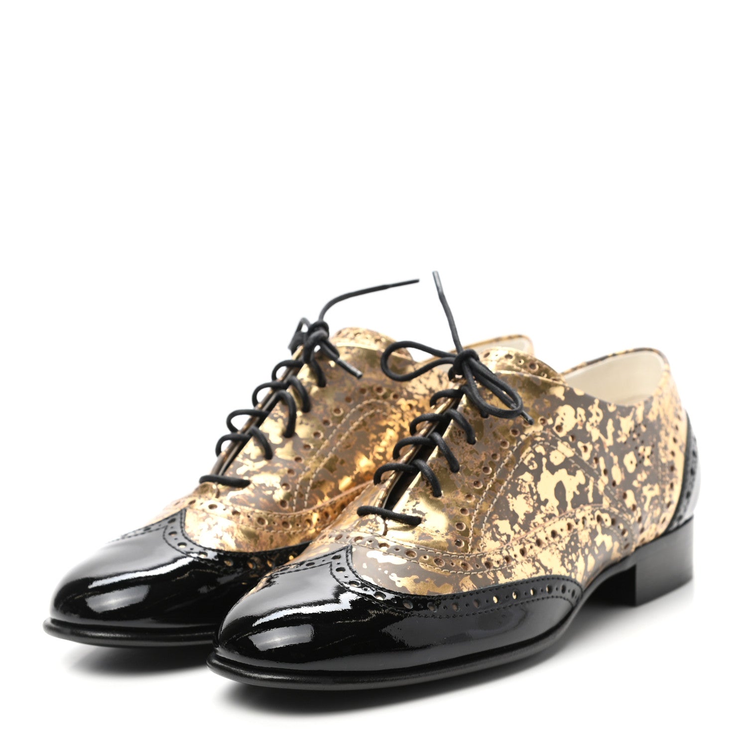 Chanel Fantasy Patent Calfskin Lace Up Oxfords 38 Gold Black 3 of 8