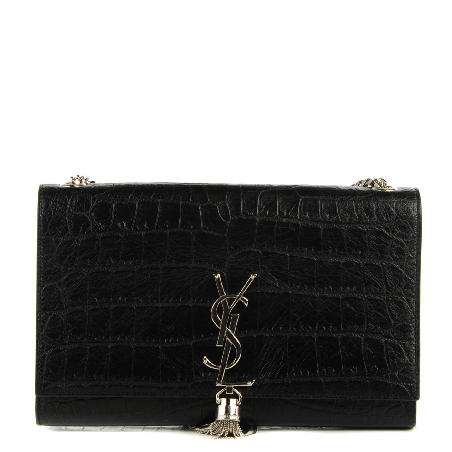 Calfskin Crocodile Embossed Medium Classic Monogram Tassel Satchel Black