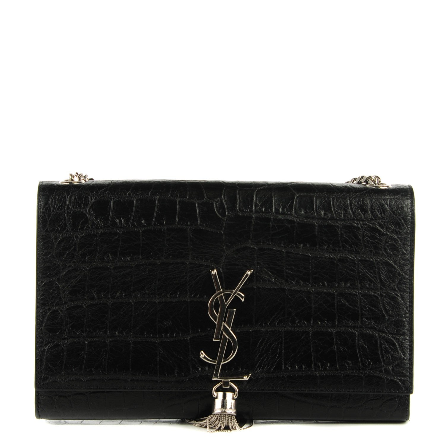 Saint Laurent Calfskin Crocodile Embossed Medium Classic Monogram Tassel Satchel Black 1 of 8