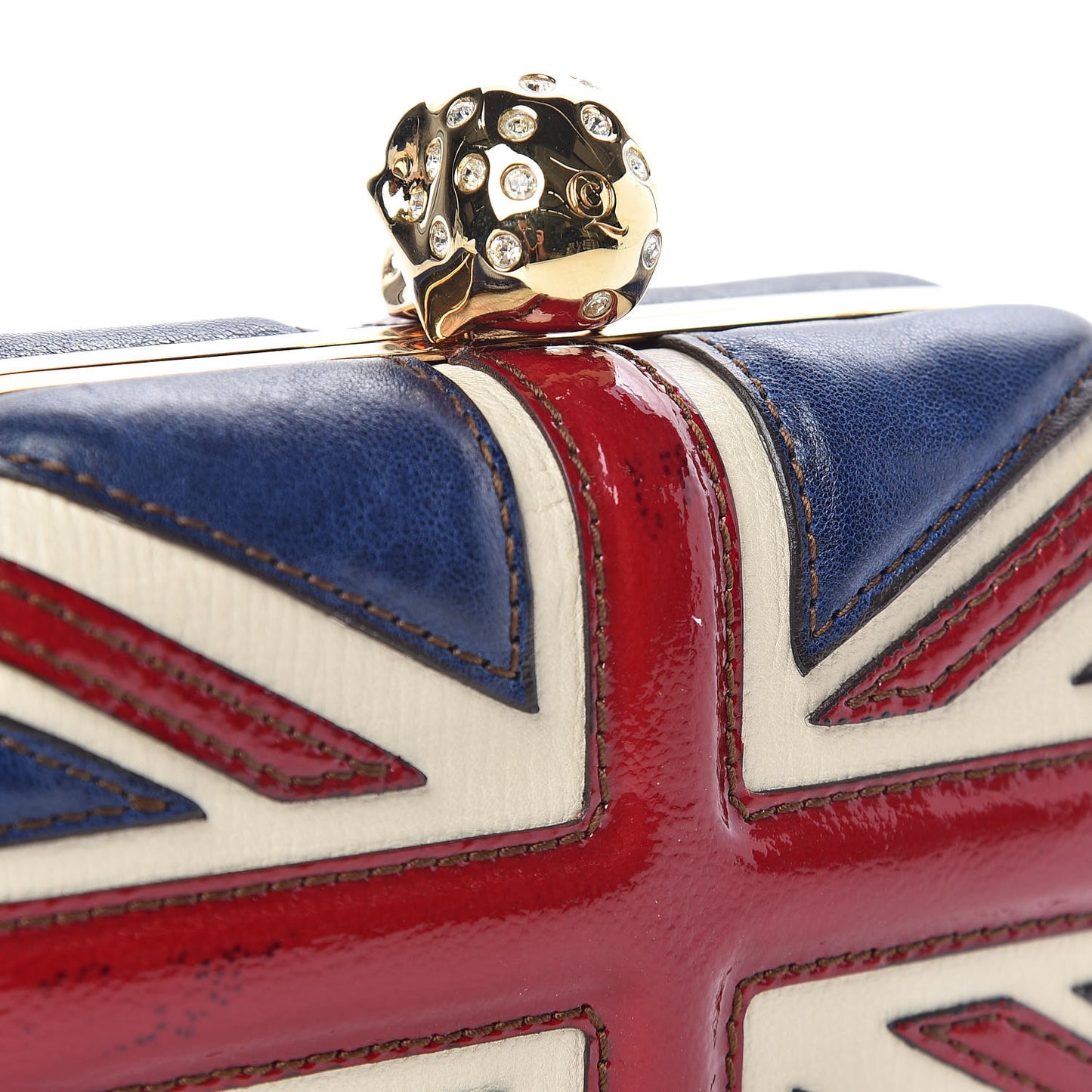 Patent Calfskin Britannia Skull Box Clutch Red Blue