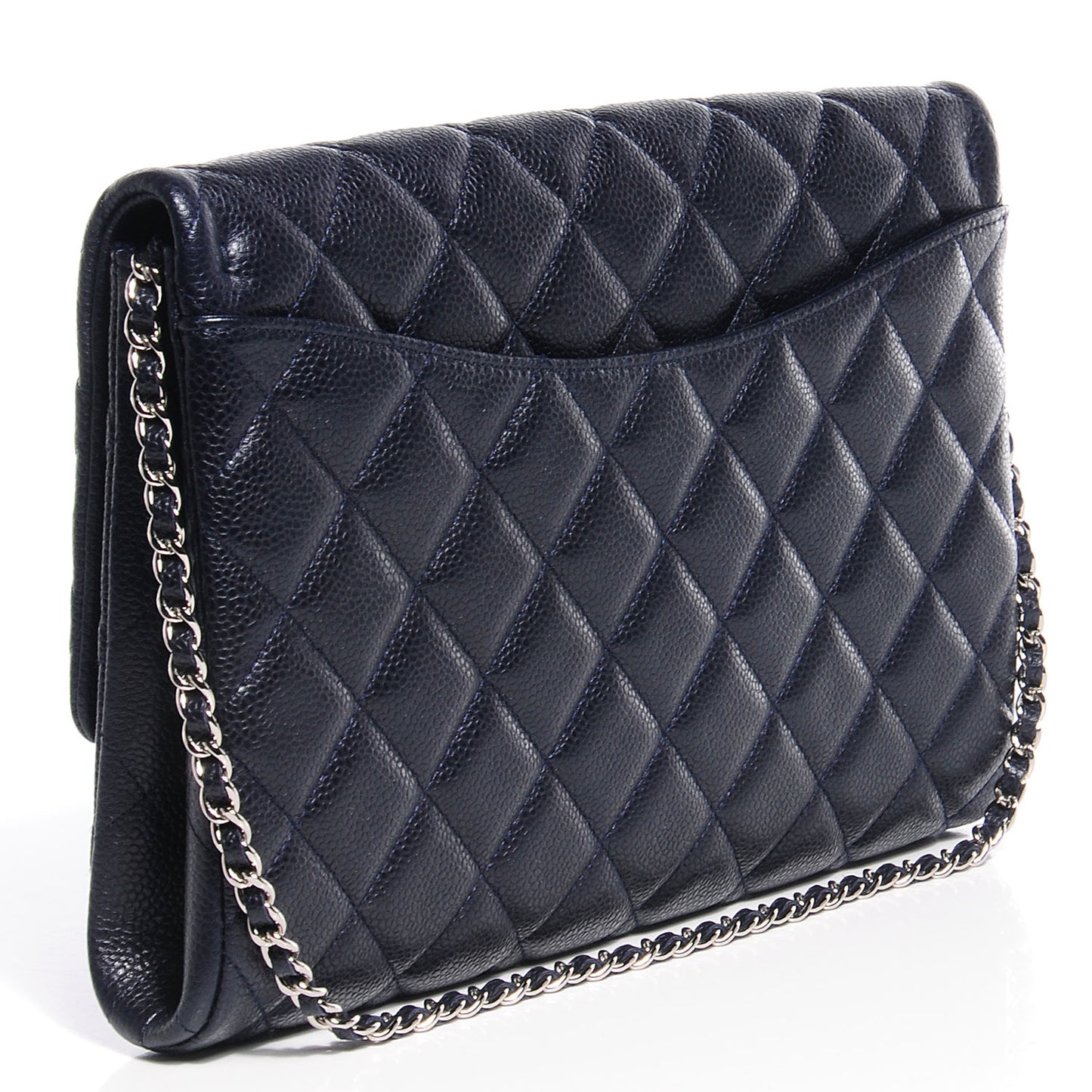 Caviar Quilted Clutch With Chain Flap Navy Blue
