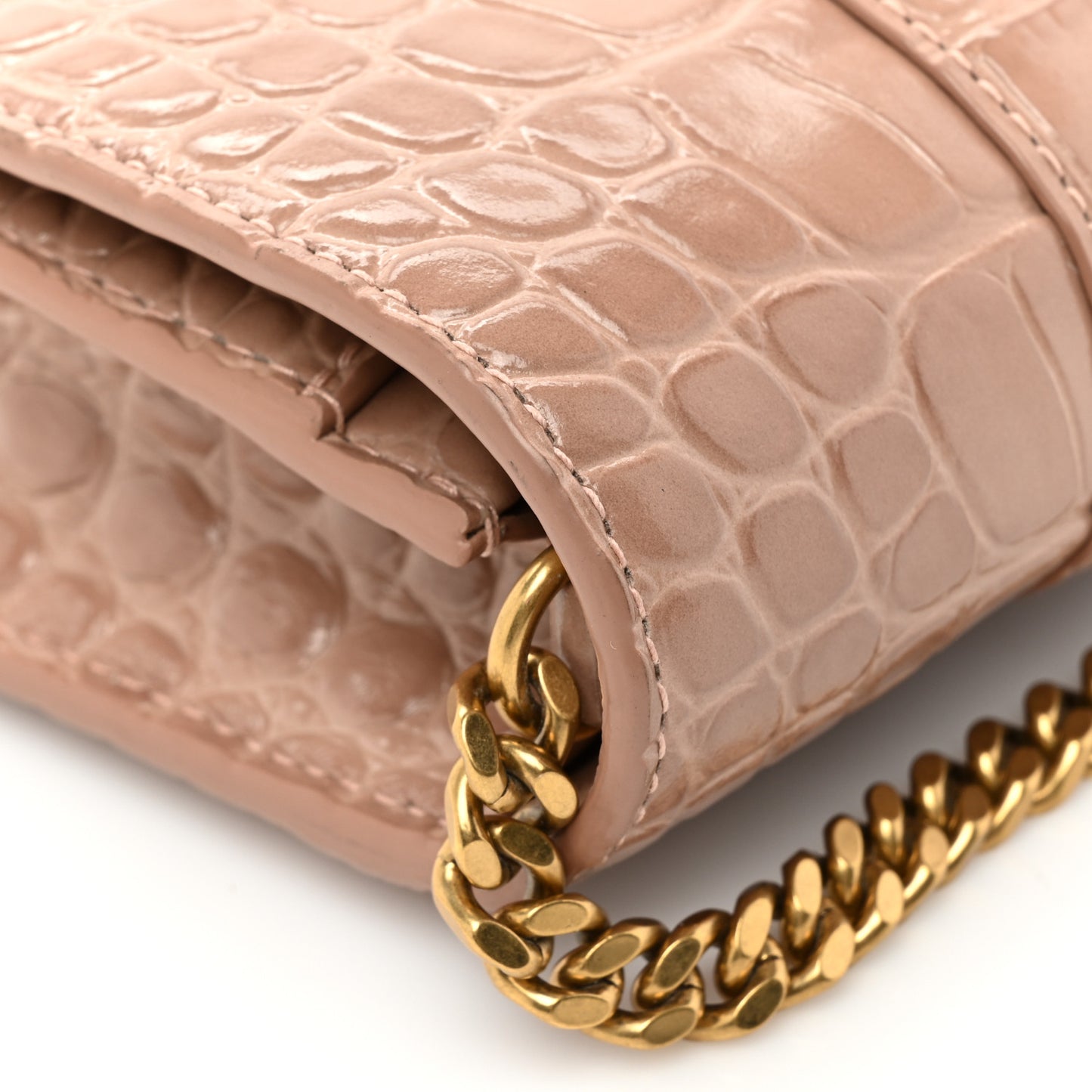 Shiny Calfskin Crocodile Embossed Hourglass Chain Bag Nude Beige