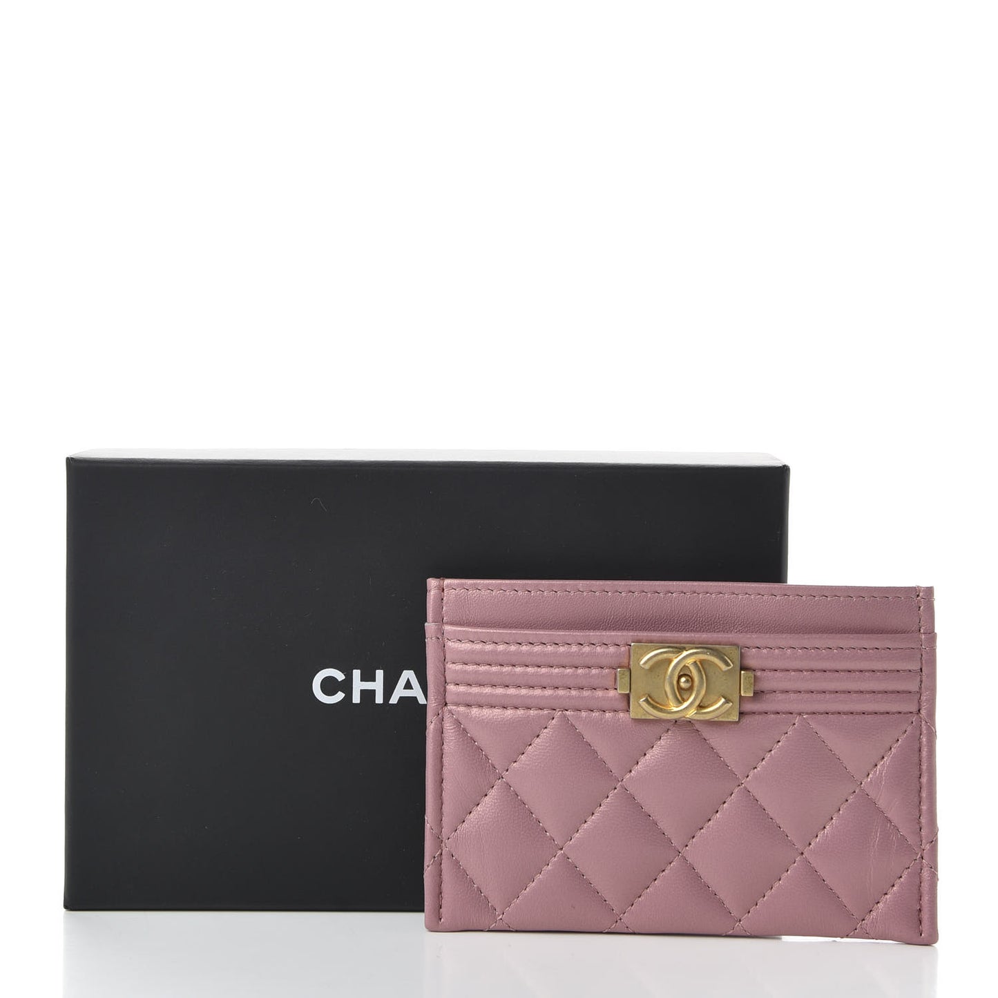 Metallic Lambskin Quilted Boy Card Holder Pink
