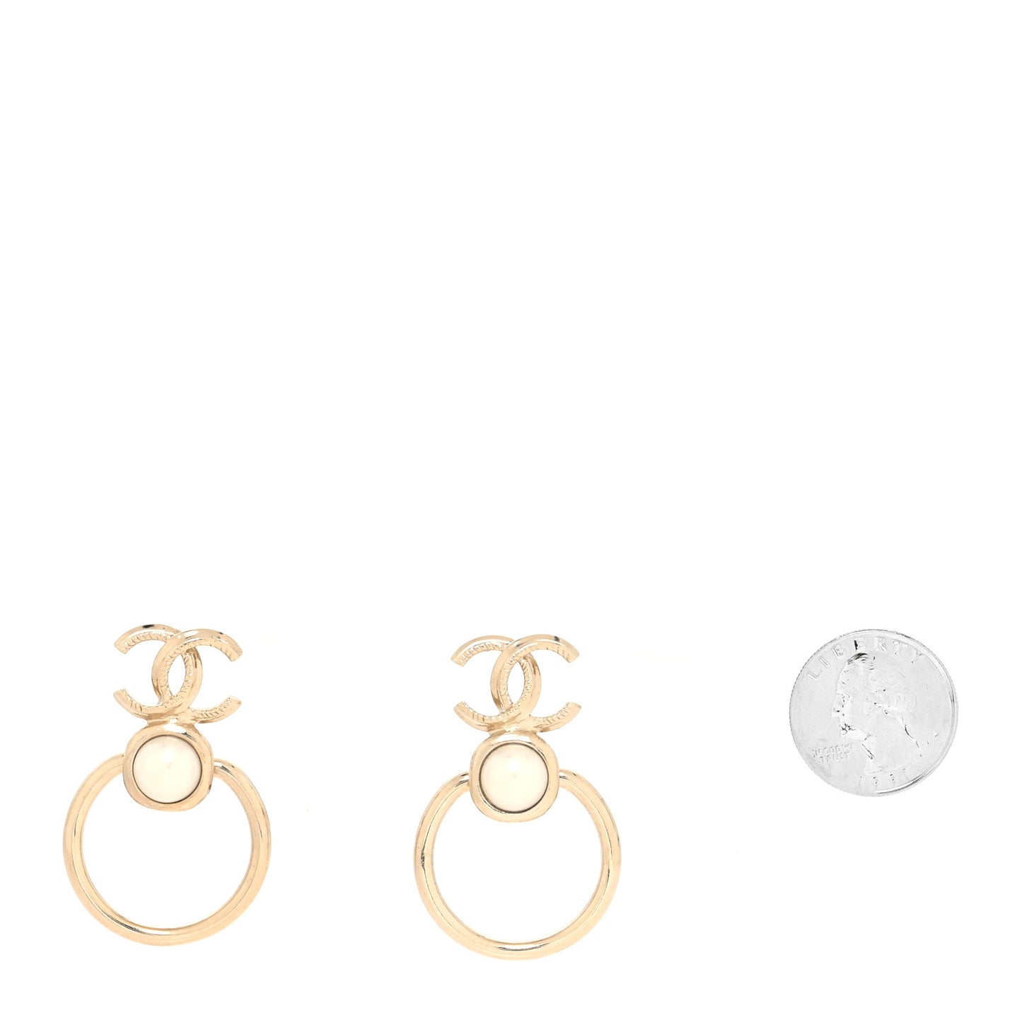 Metal Pearl CC Hoop Drop Earrings Gold