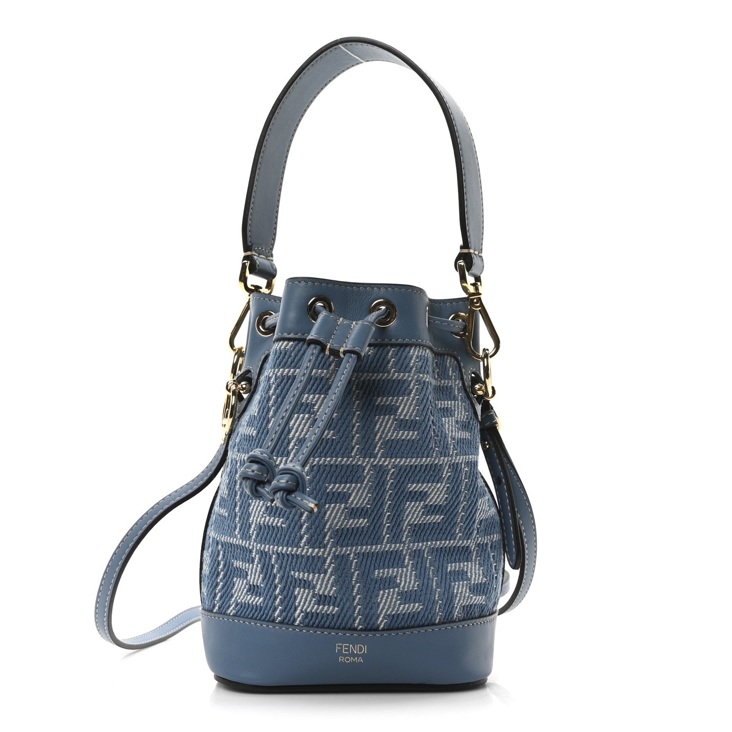 Fendi Denim Jacquard FF Effect Vitello Grace Multicolor Mini Mon Tresor Bucket Bag Blue White 1 of 10