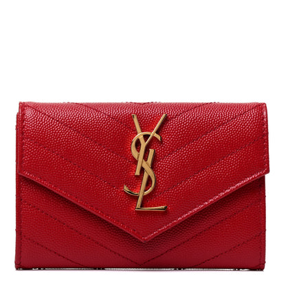 Saint Laurent Grain De Poudre Matelasse Chevron Small Monogram Envelope Wallet Rouge Eros 1 of 4