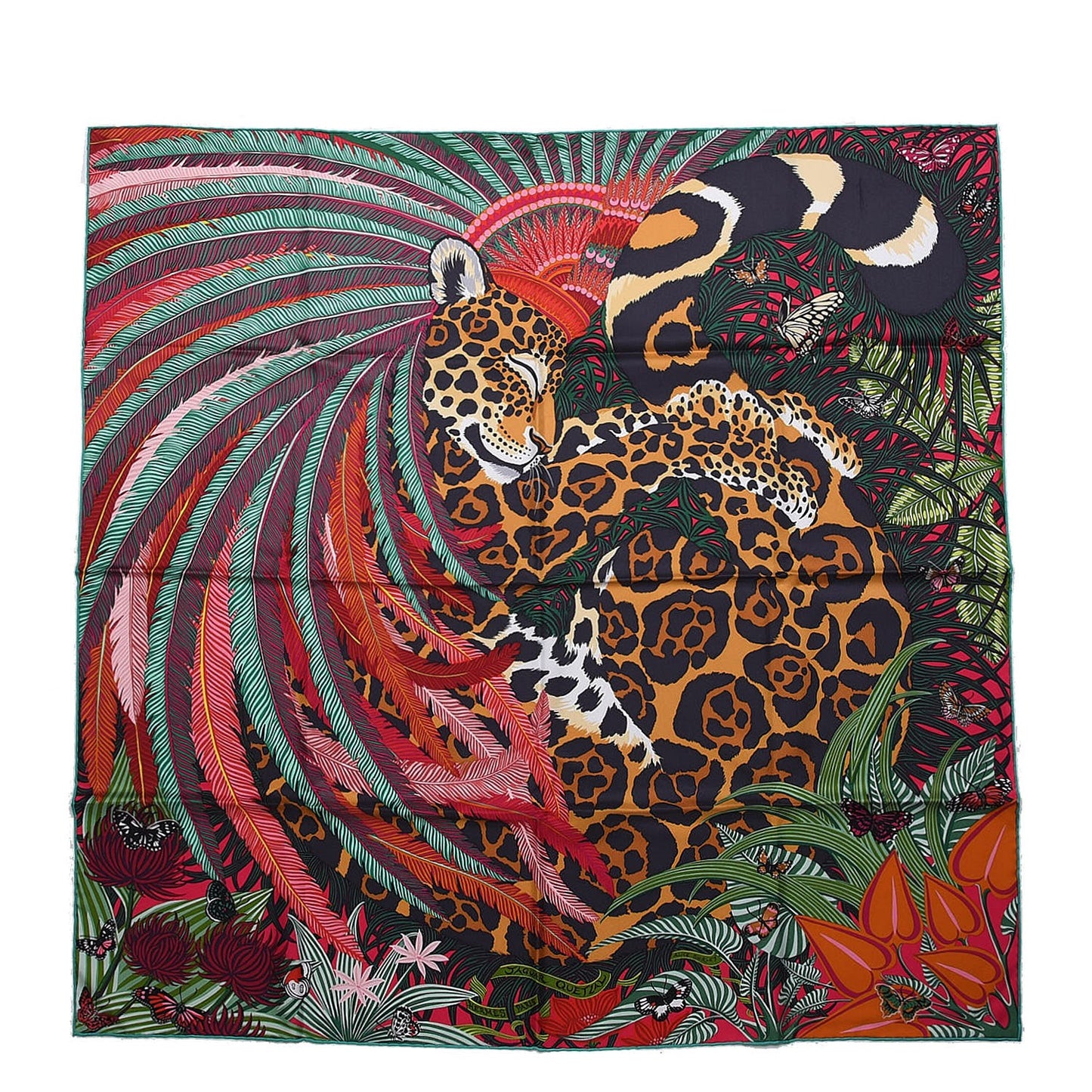 Silk Jaguar Quetzal Scarf 90 Rose Vert Camel
