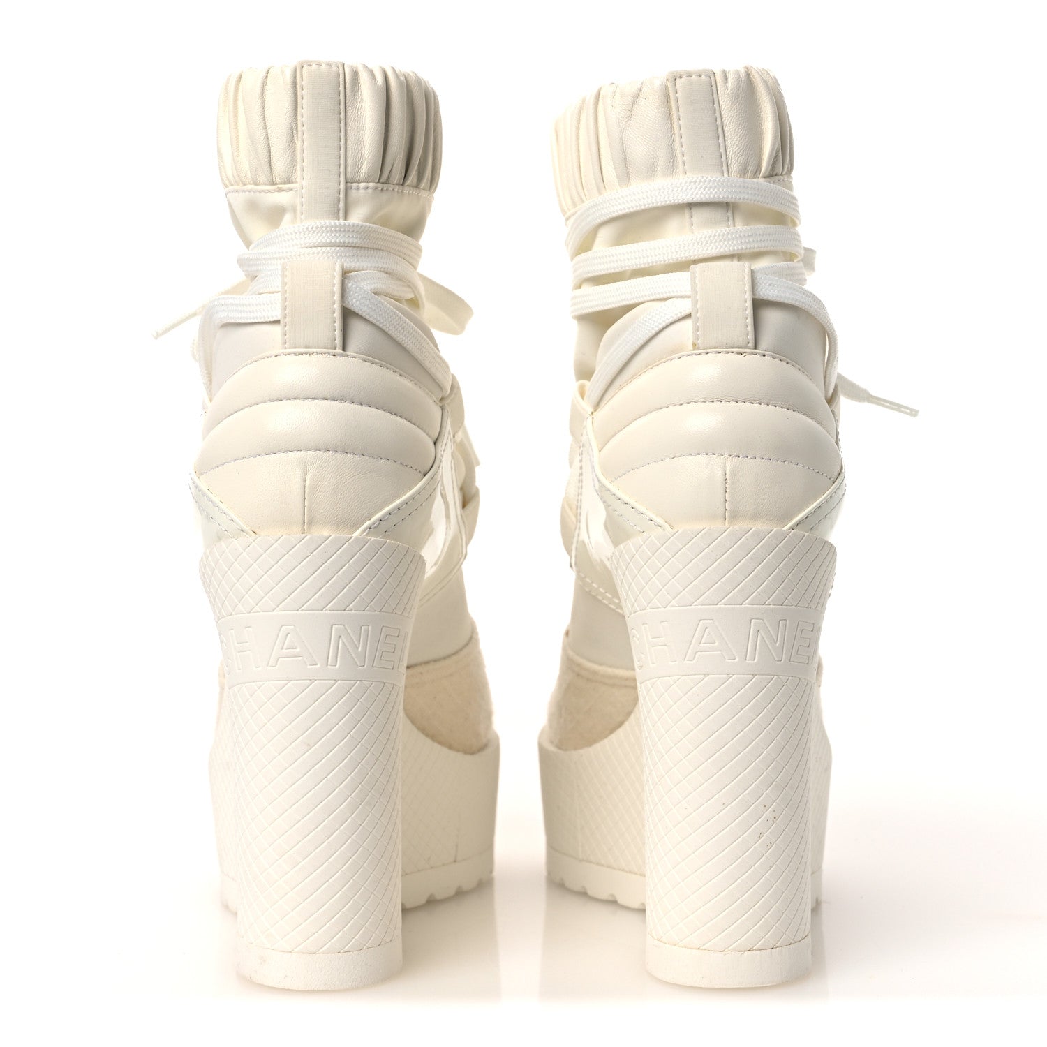 Chanel Tweed Patent Calfskin Runway Wedge Short Platform Boots 38 White Ivory 6 of 13
