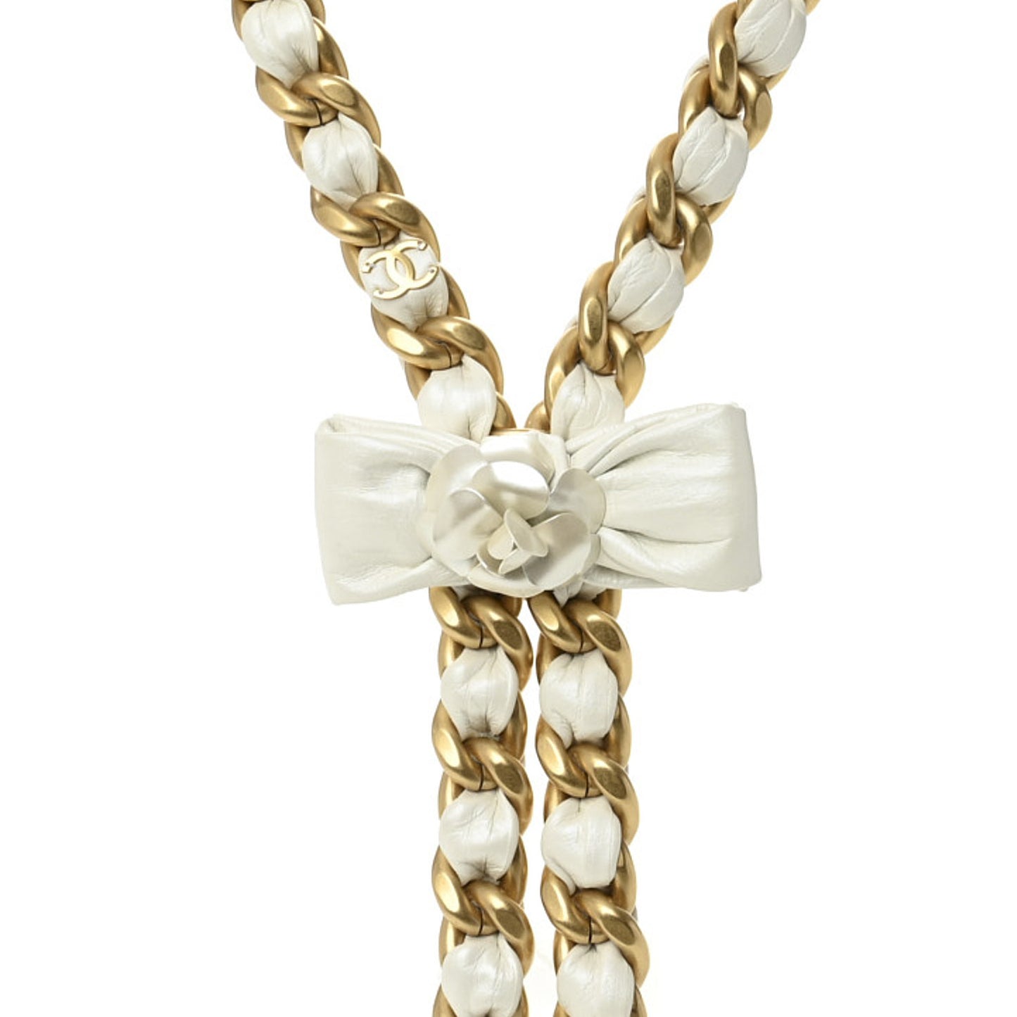 Calfskin Chain Camellia Bow Necklace Gold White