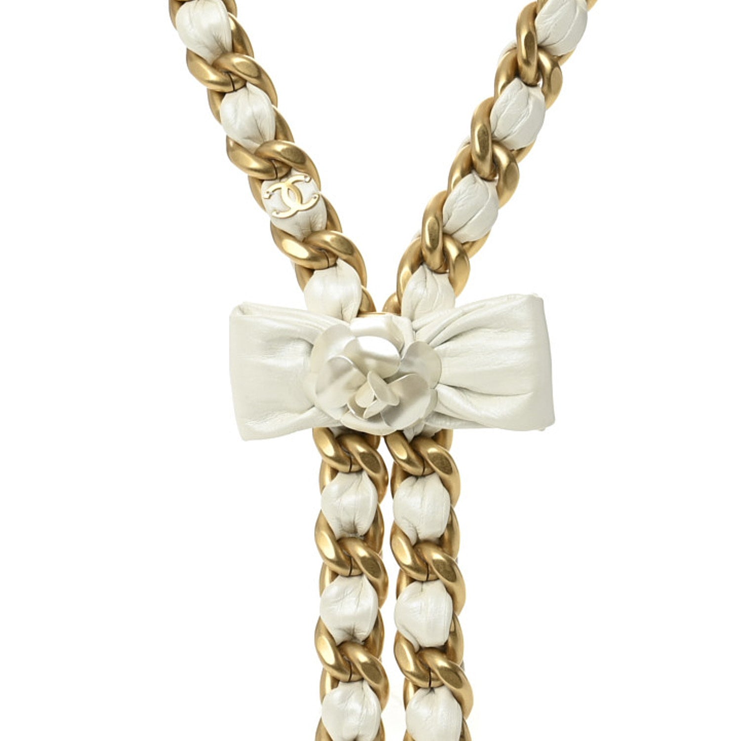 Chanel Calfskin Chain Camellia Bow Necklace Gold White 5 of 7