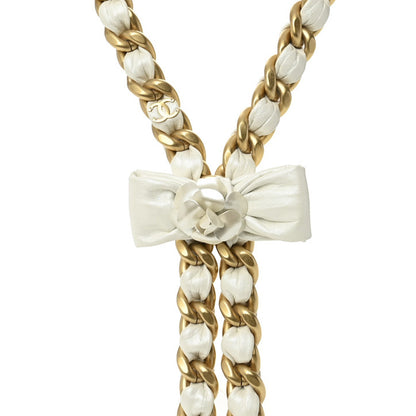 Chanel Calfskin Chain Camellia Bow Necklace Gold White 5 of 7