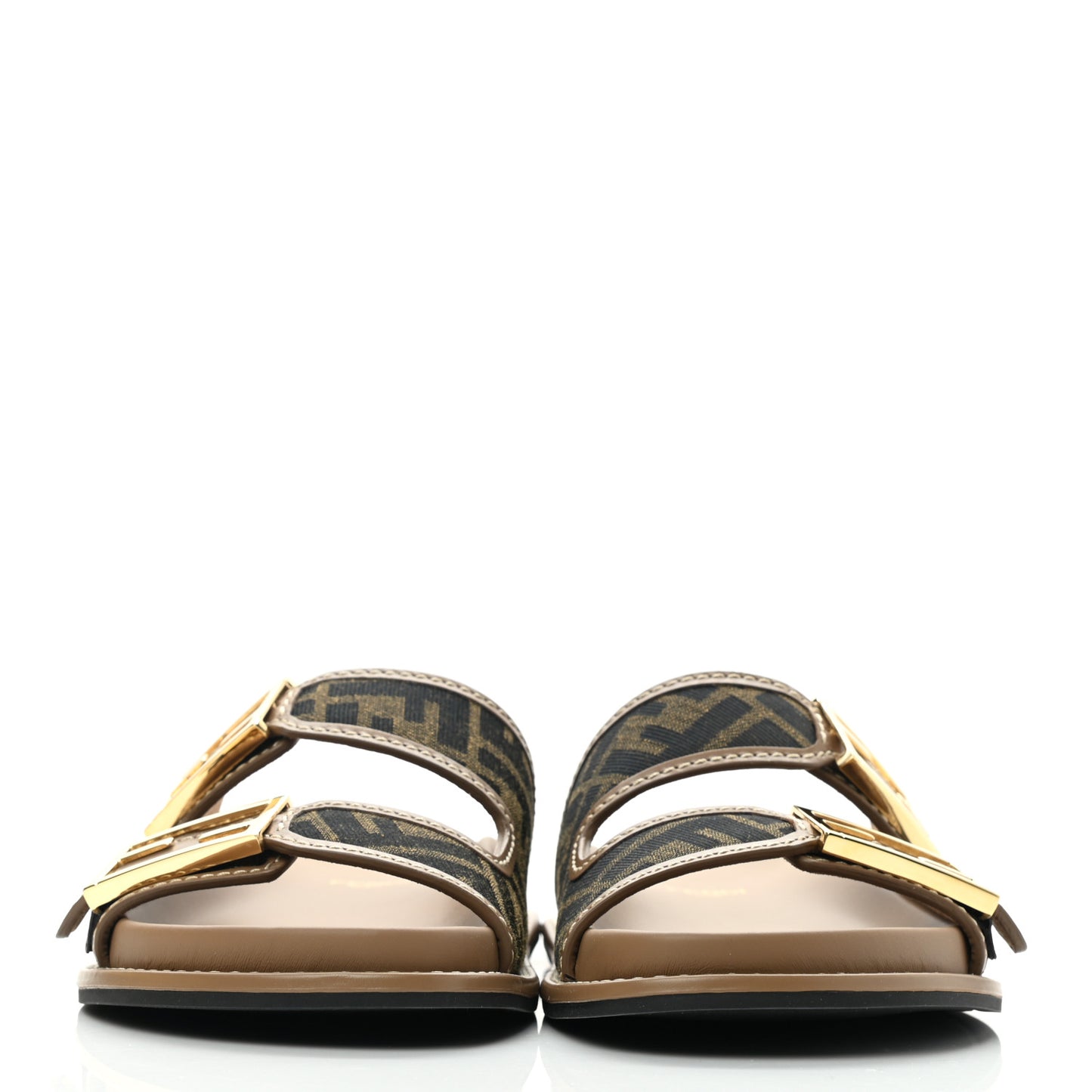 Fabric Jacquard Nappa FF Womens Fendi Feel Buckled Slide Sandals 36 Tobacco Black Miele Scuro