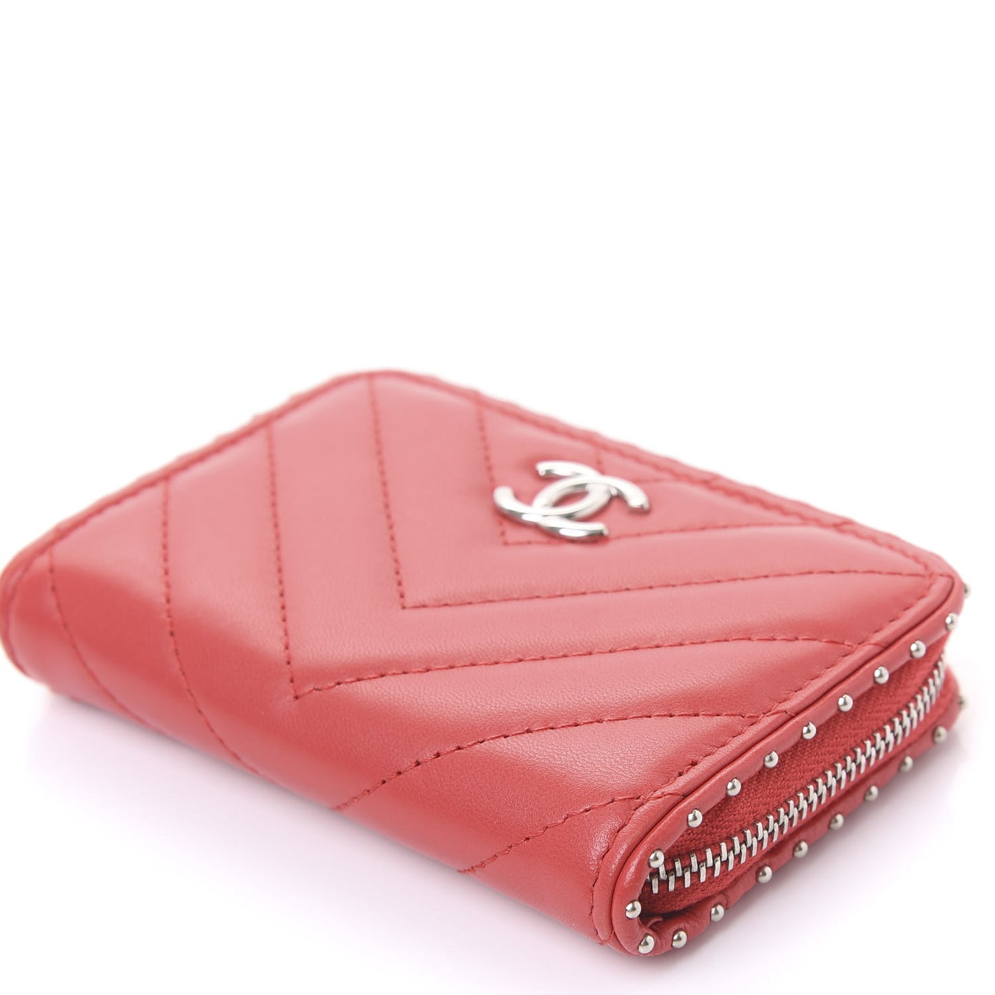 Lambskin Chevron Quilted Studded Zip Around Coin Purse Red