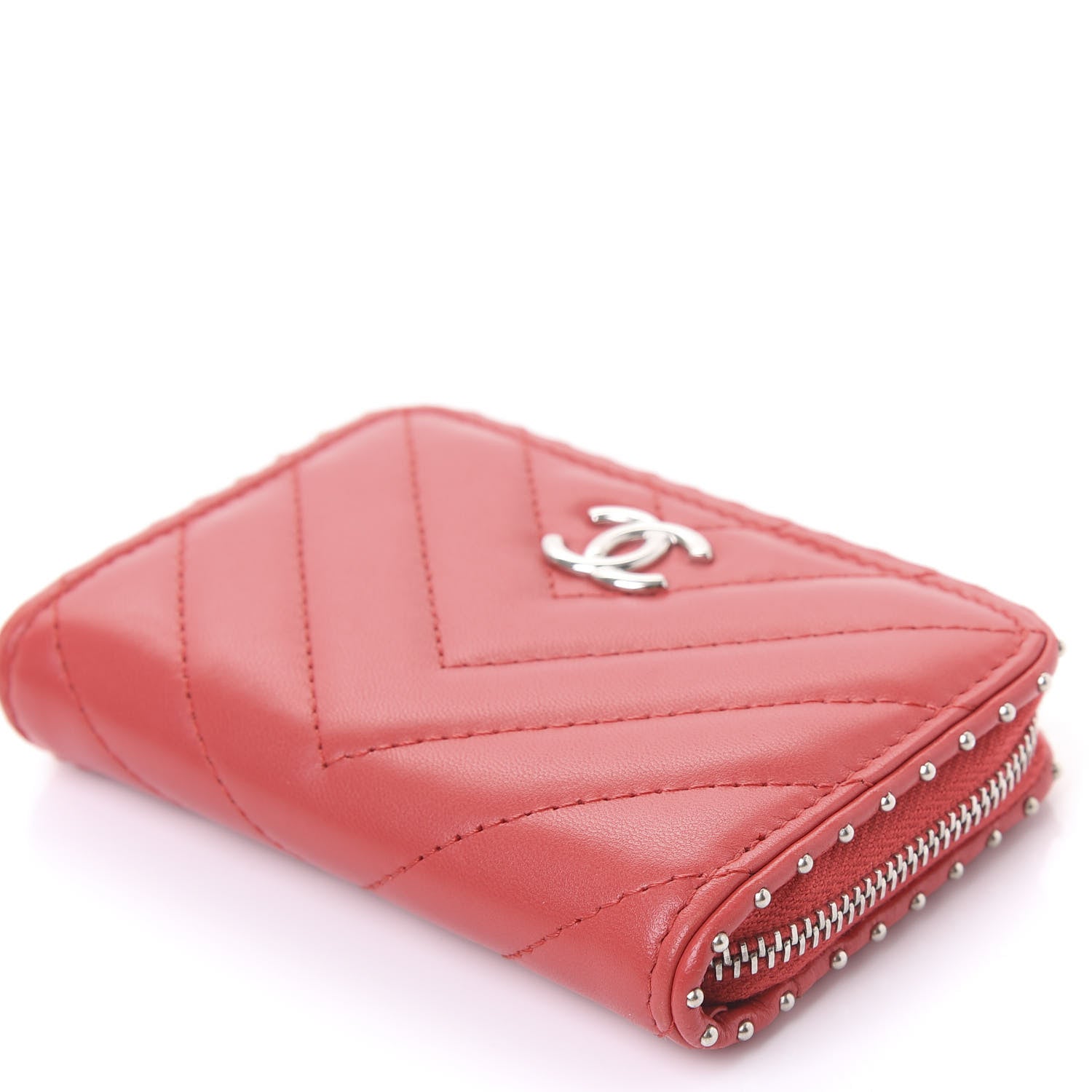 Chanel Lambskin Chevron Quilted Studded Zip Around Coin Purse Red 7 of 11