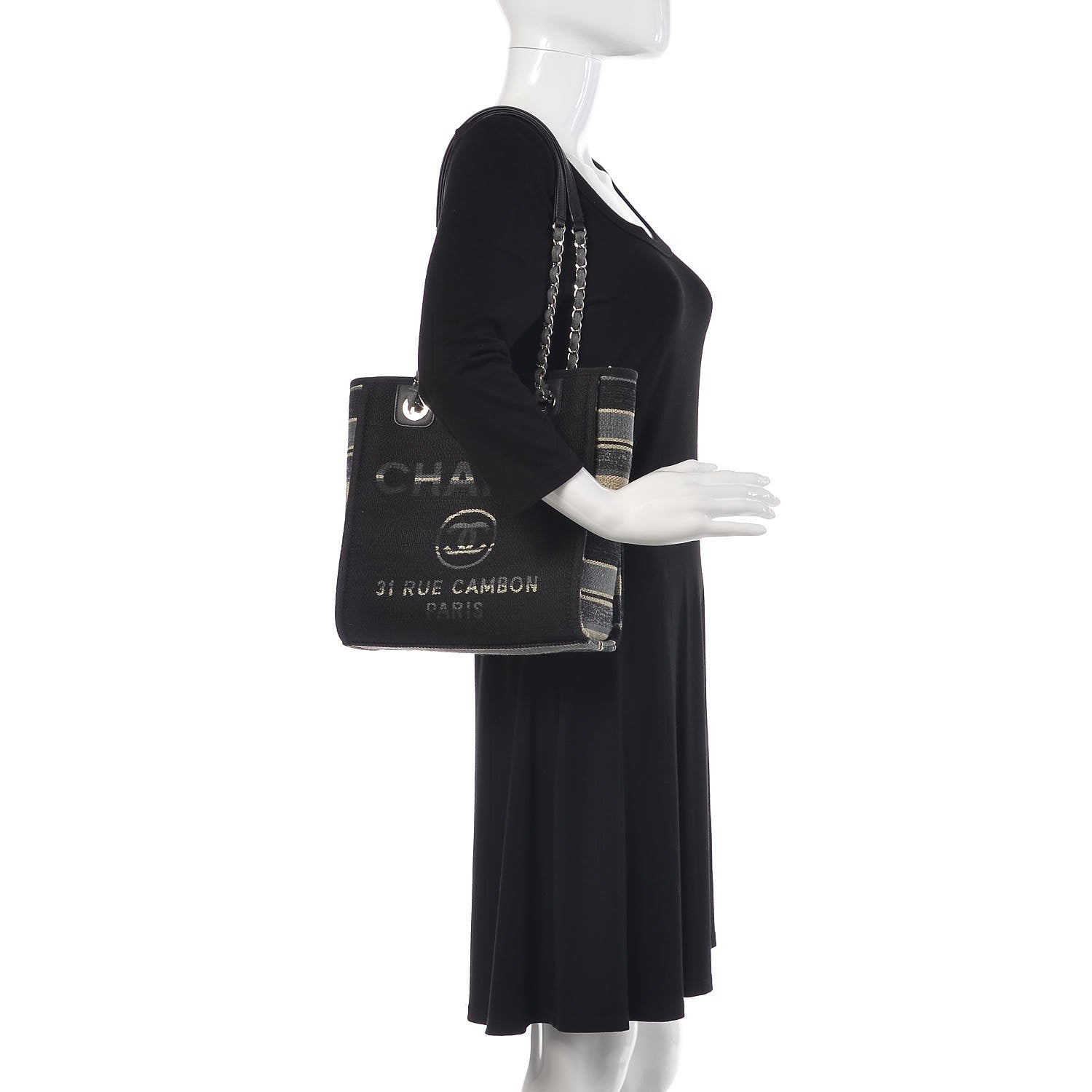 Chanel Striped Canvas Mini Deauville Tote Grey Black 2 of 10