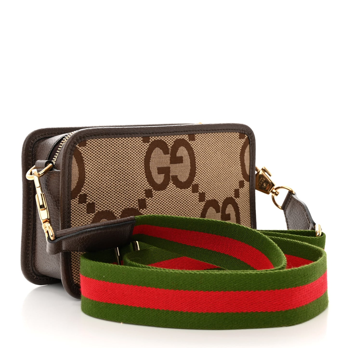 Monogram Jumbo GG Textured Dollar Calfskin Web Mini Crossbody Bag Camel Ebony New Acero