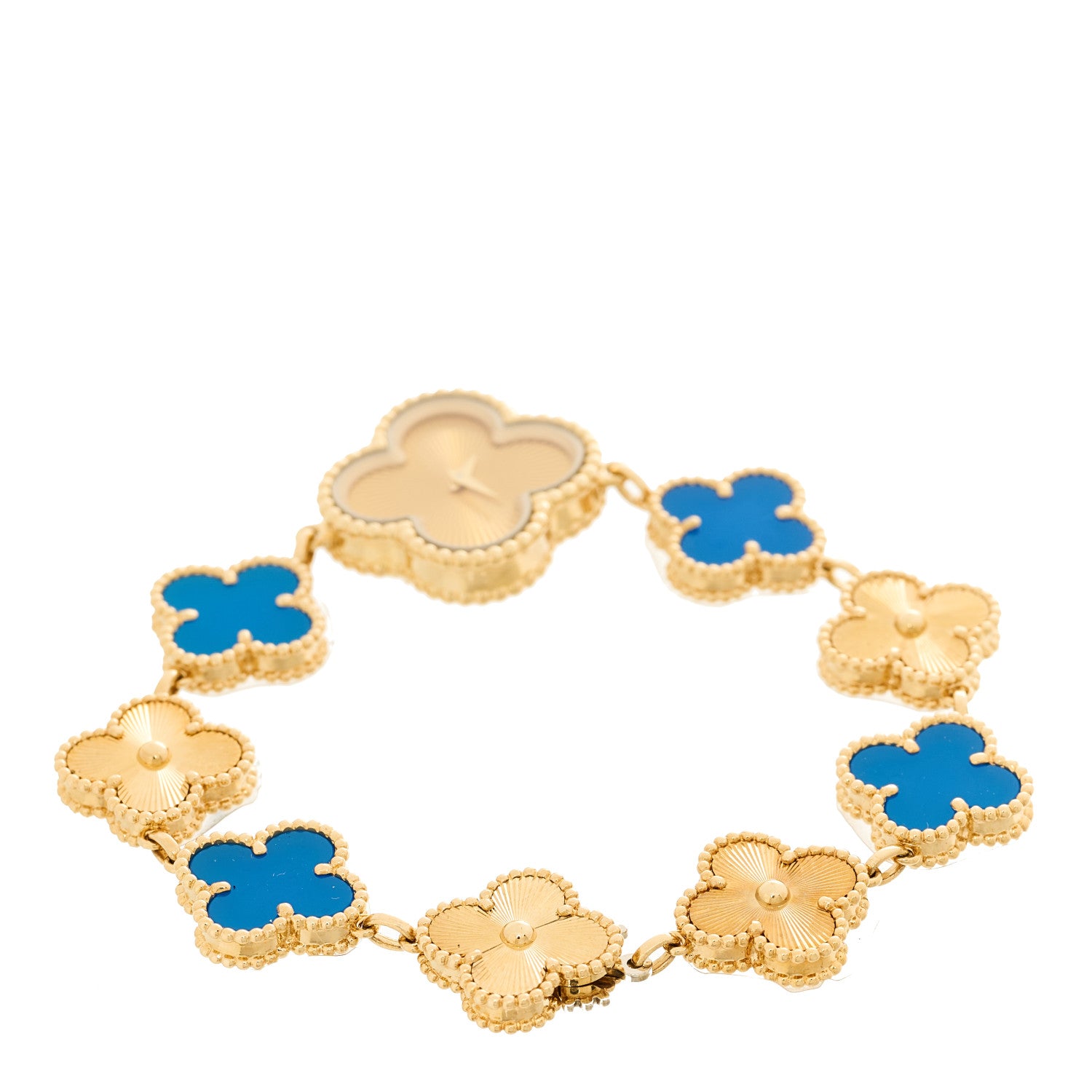 Van Cleef & Arpels 18K Yellow Gold Blue Agate 23mm Alhambra Quartz Watch 3 of 5