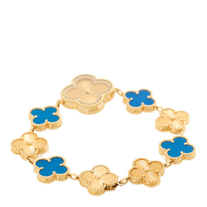 Van Cleef & Arpels 18K Yellow Gold Blue Agate 23mm Alhambra Quartz Watch 3 of 5