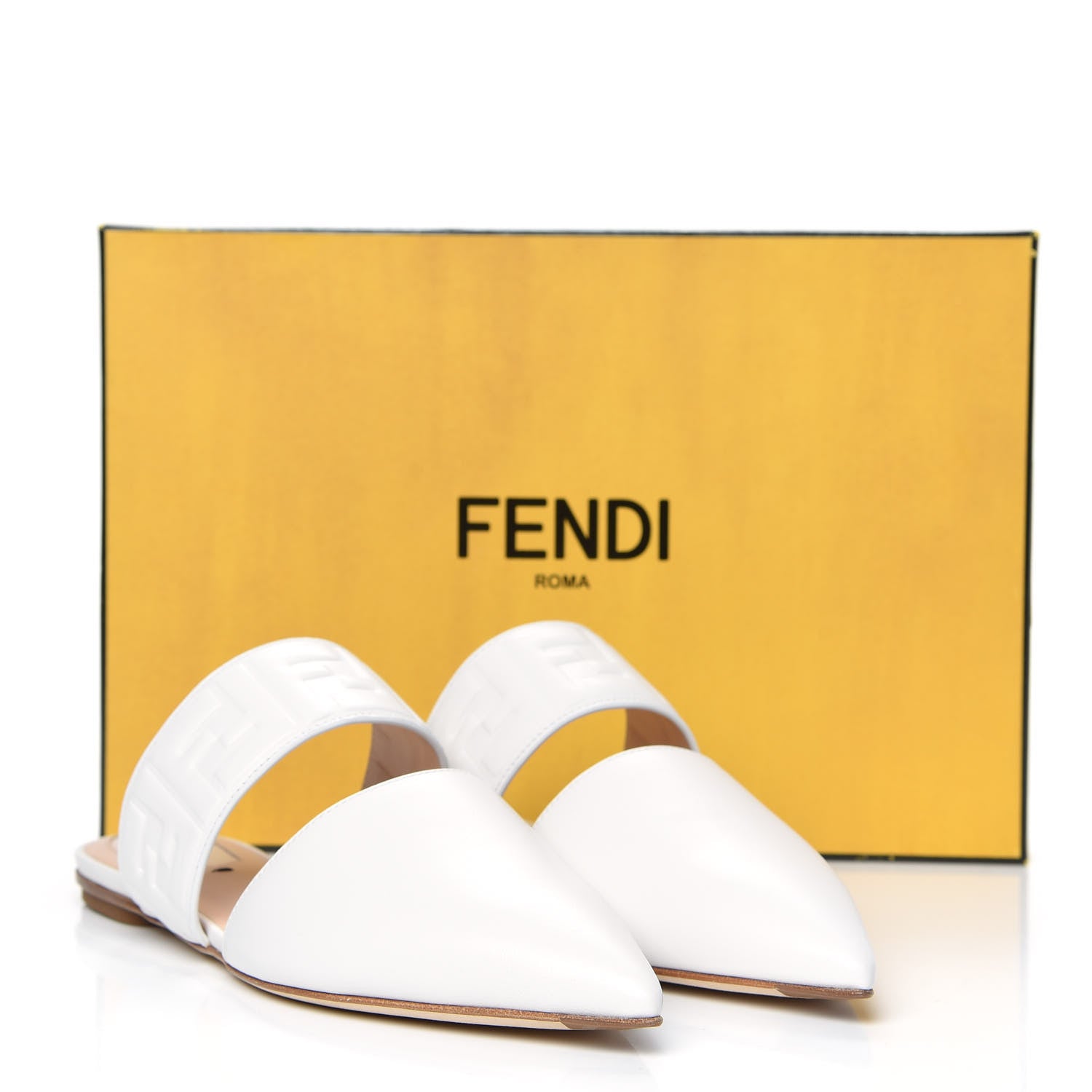 Fendi Vitello FF Embossed Buckle Flat Mules 37 Snow 698505