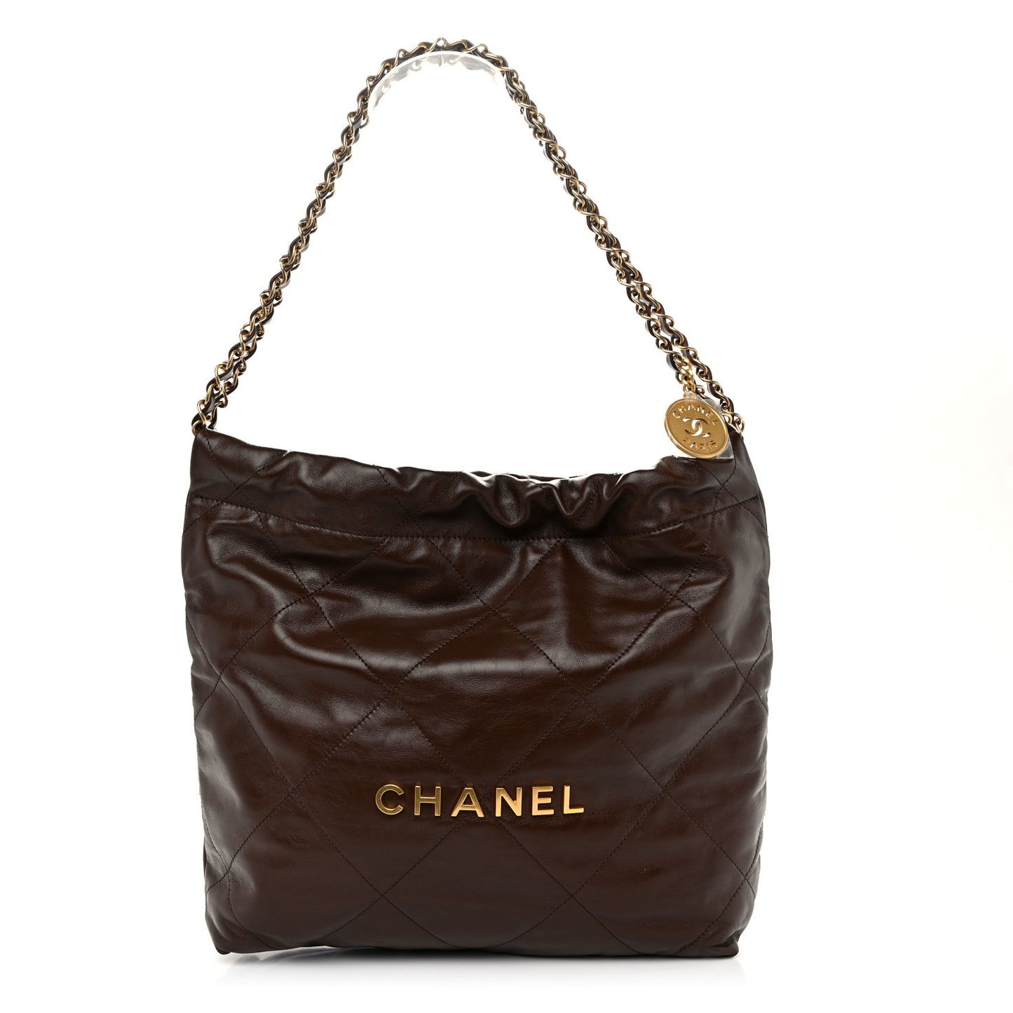 Shiny Calfskin Quilted Small Chanel 22 Dark Brown