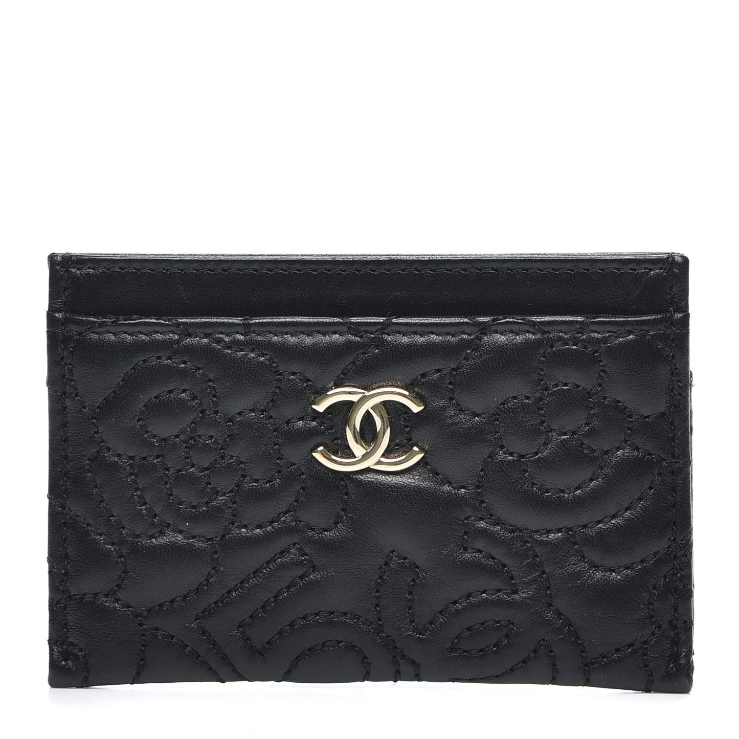 Lambskin Camellia Embossed Card Holder Black