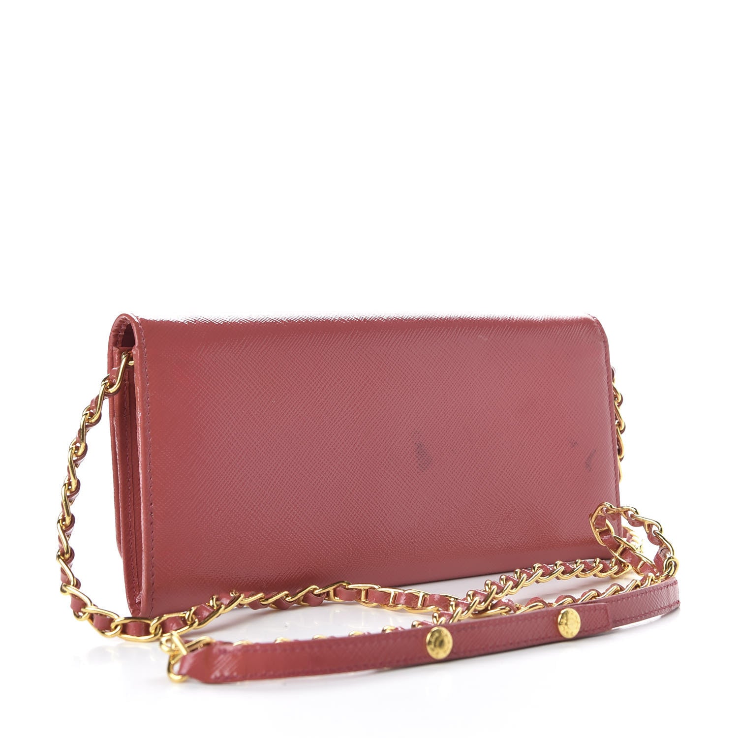 Prada Saffiano Vernice Metal Oro Chain Wallet Fragola 3 of 11