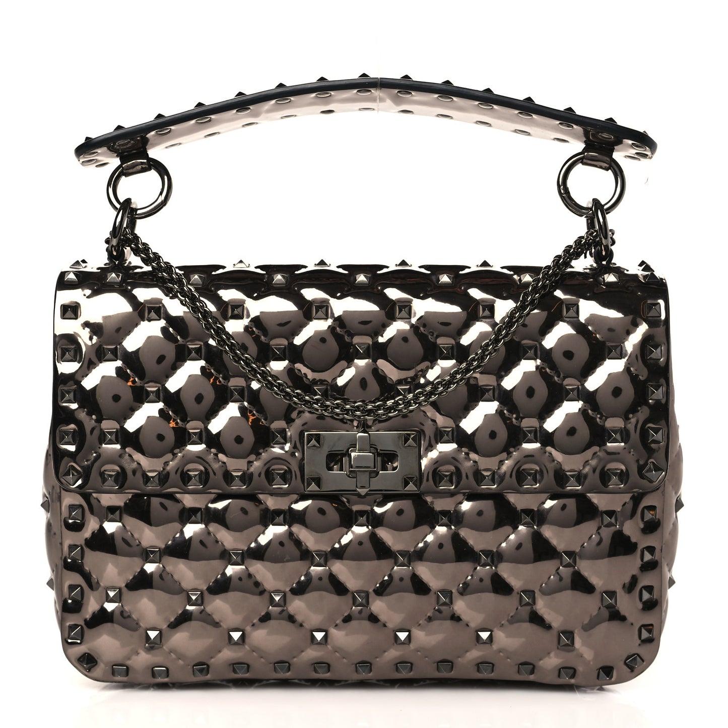 Metallic Patent Medium Rockstud Spike Shoulder Bag Rutenio