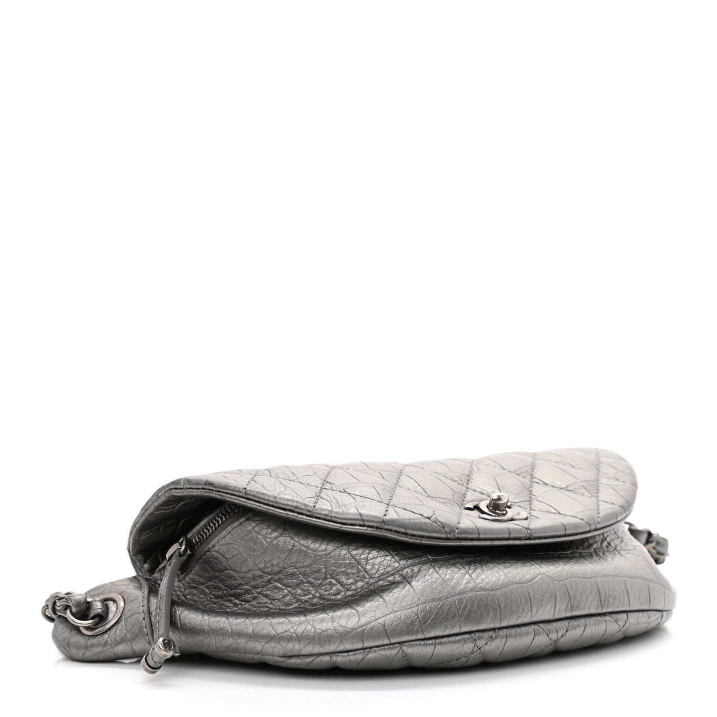 Metallic Calfskin Crocodile Embossed Quilted Easy Trip Waist Bag Fanny Pack Silver
