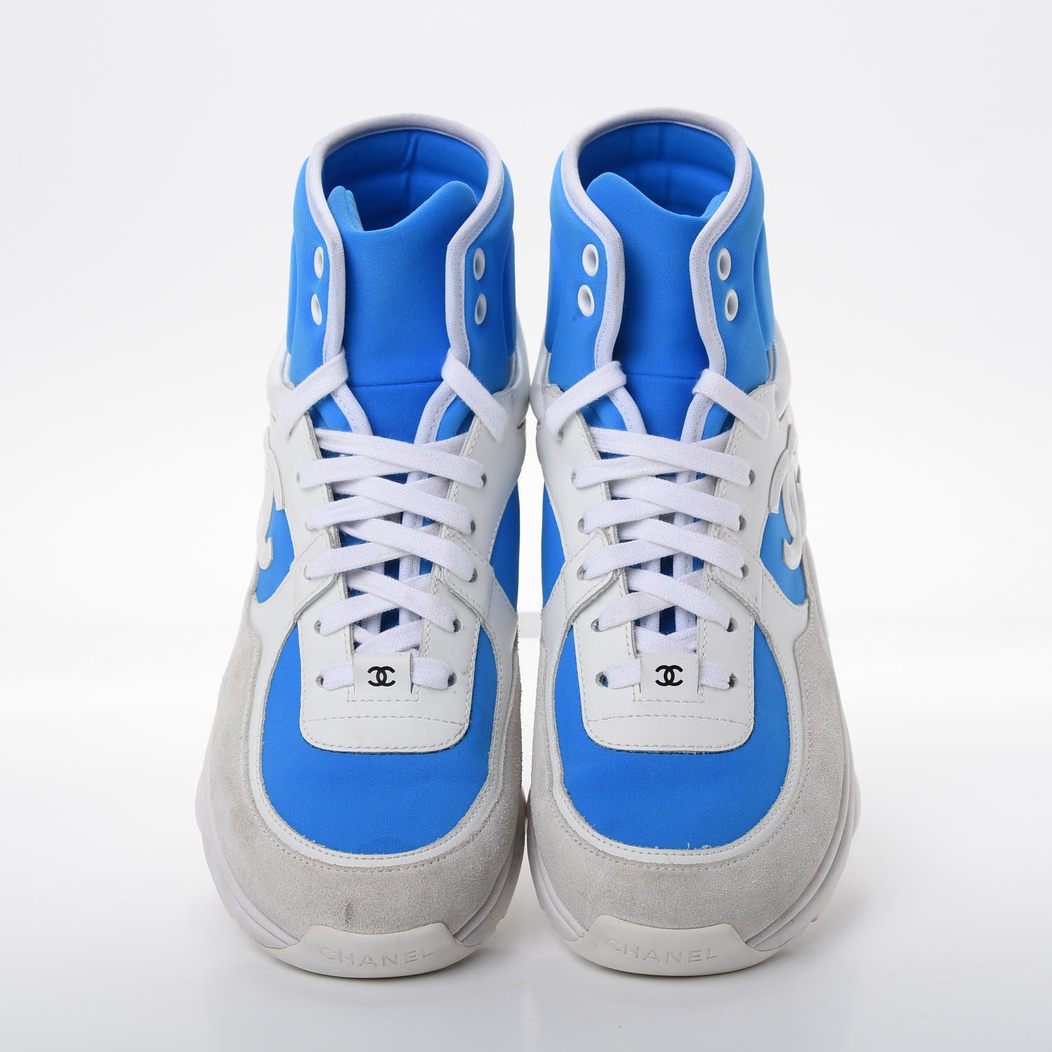 Chanel Suede Calfskin Lambskin High Top CC Sneakers 36.5 White Blue 5 of 10
