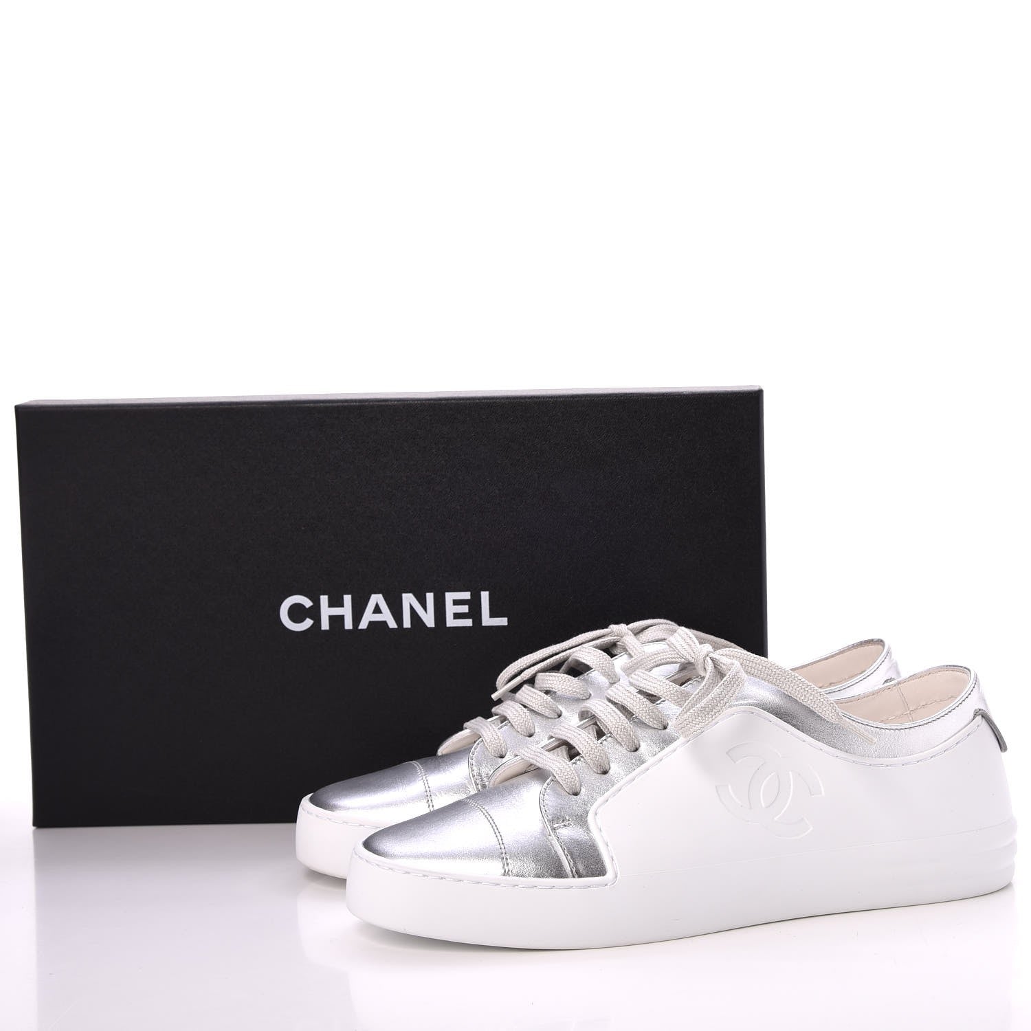 Chanel Iridescent Calfskin Sneakers 38.5 White Silver 10 of 10