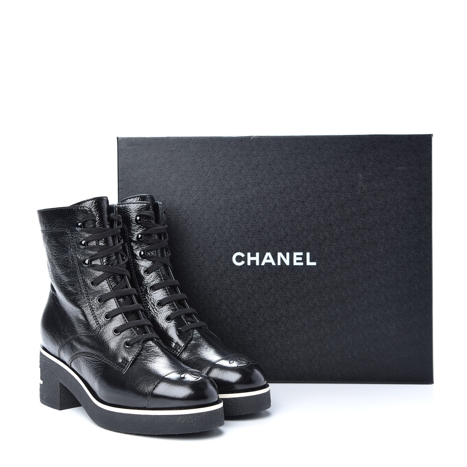 Chanel Shiny Crumpled Lambskin Lace Up Boots 39 Black 11 of 11