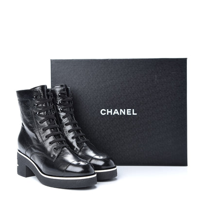 Chanel Shiny Crumpled Lambskin Lace Up Boots 39 Black 11 of 11